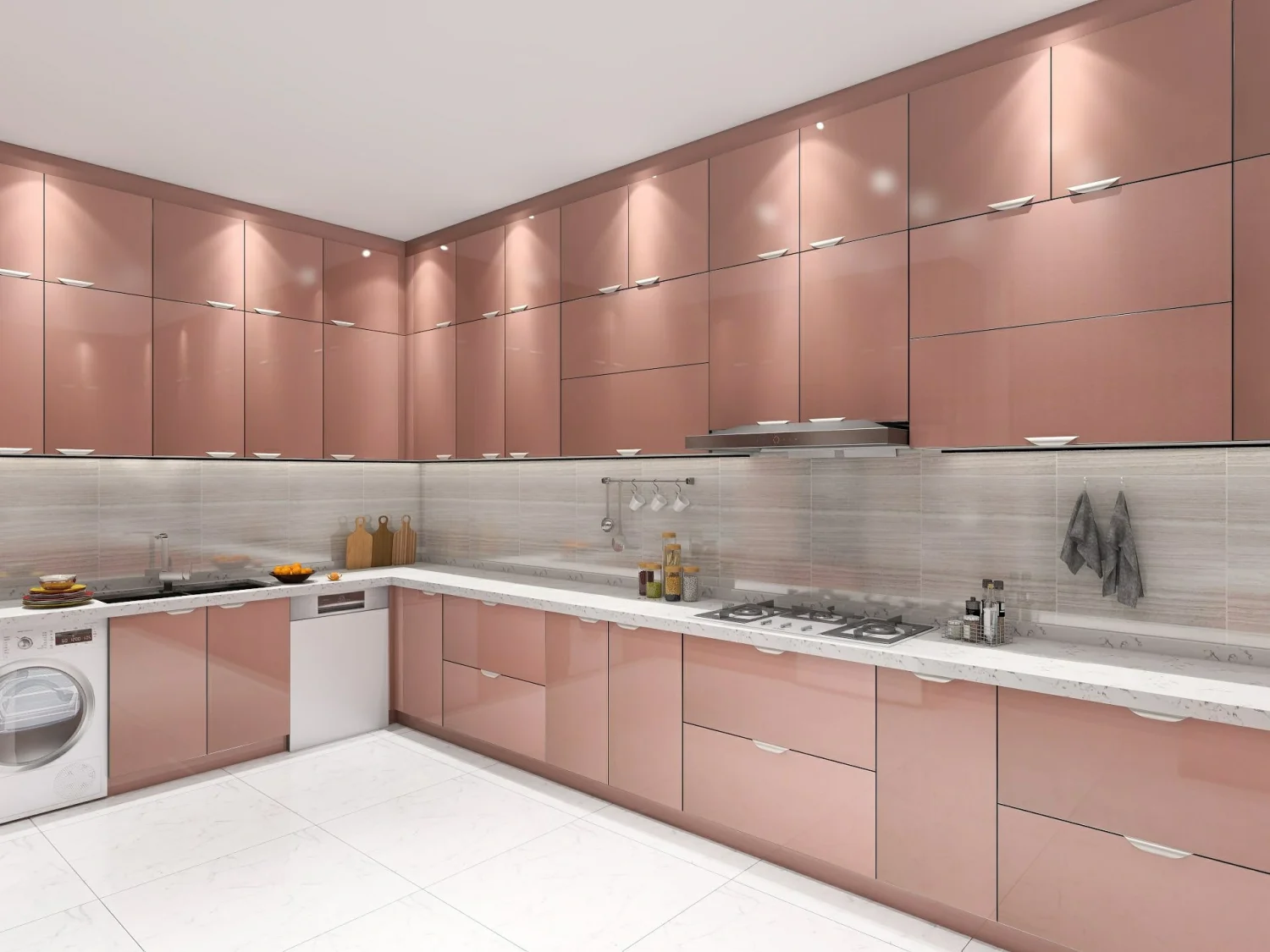 A modern kitchen featuring solid acrylic kitchen cabinets in a soft pink hue, with uniform color and finish.