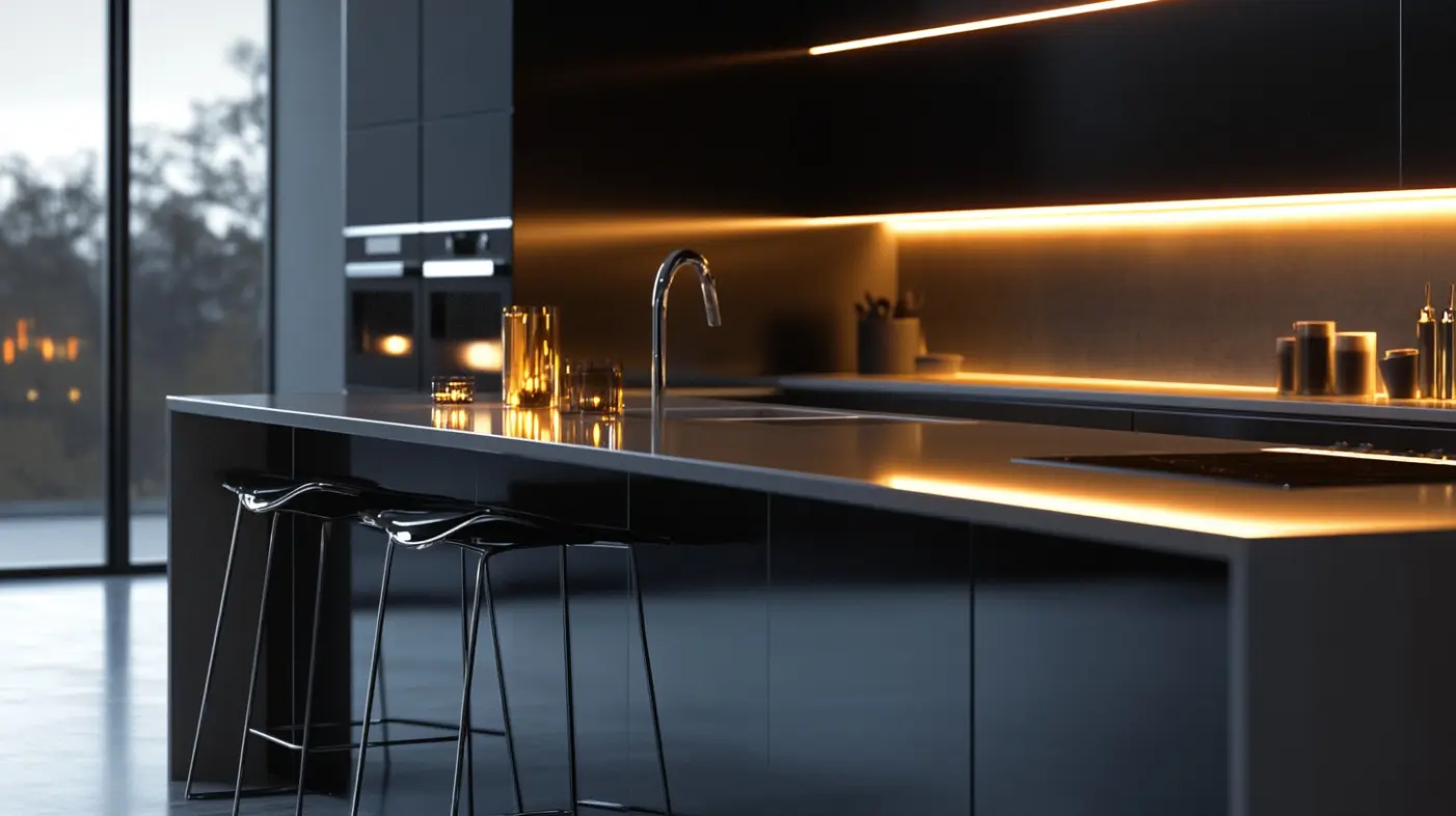 Sleek solid surface Corian countertop in a contemporary kitchen with seamless design and modern lighting.