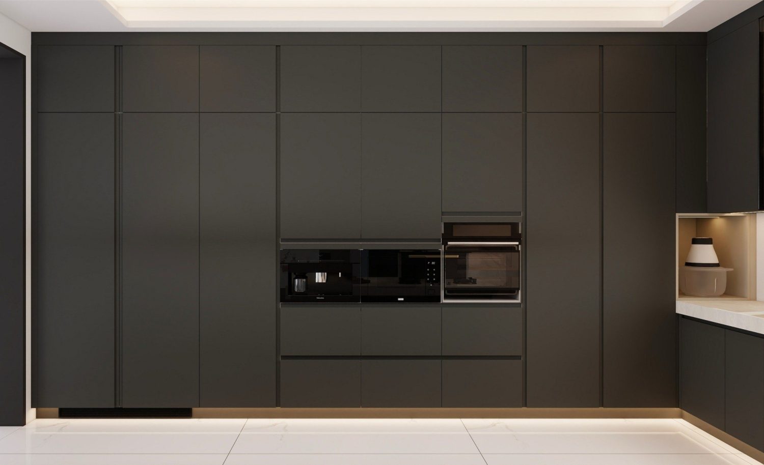 Space-efficient condo kitchen with dark cabinetry, integrated appliances, and under-cabinet lighting for a sleek look.