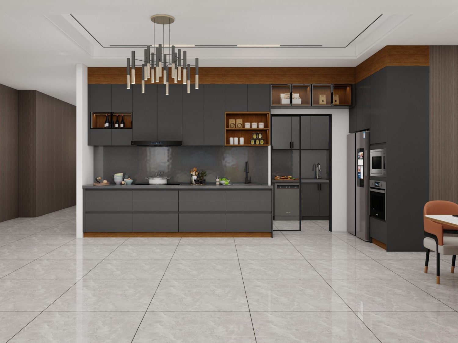 Space-efficient condo kitchen with dark cabinetry, wooden accents, and modern appliances designed for compact living.