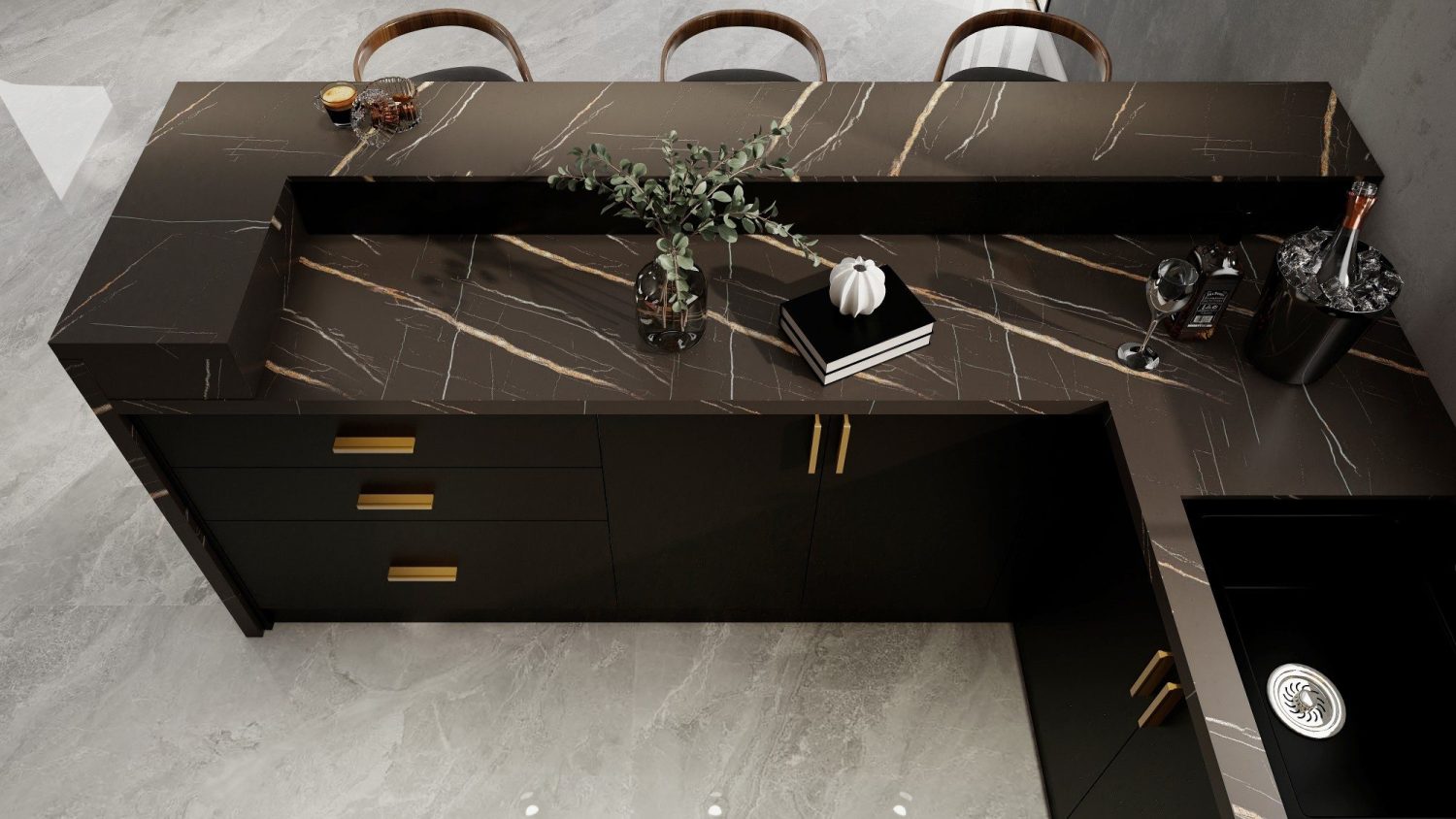 Space-efficient condo kitchen with dark marble countertop, sleek cabinets, and modern storage solutions.