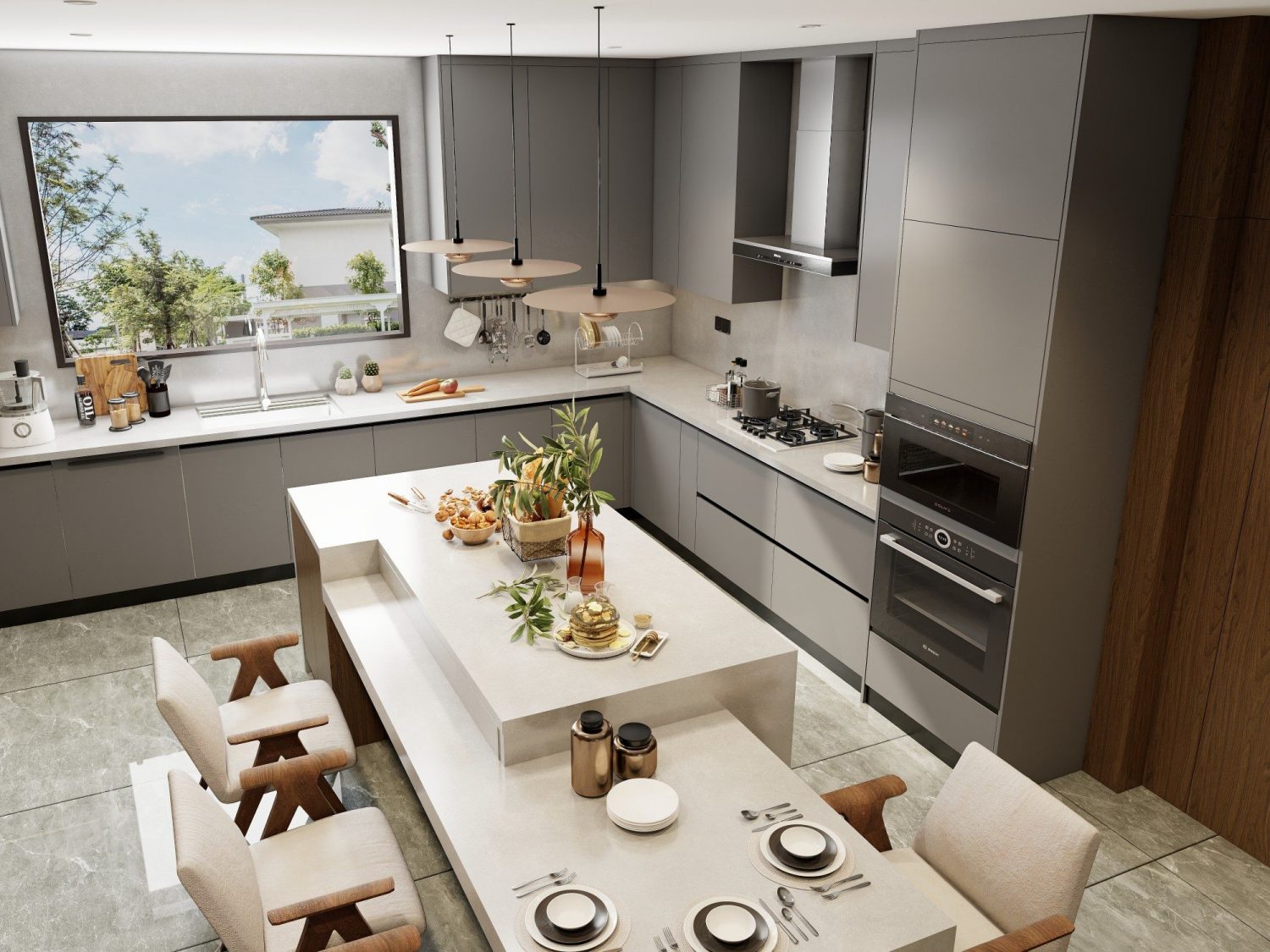 Space-efficient condo kitchen with vertical storage, modern cabinetry, and large window view for natural light.
