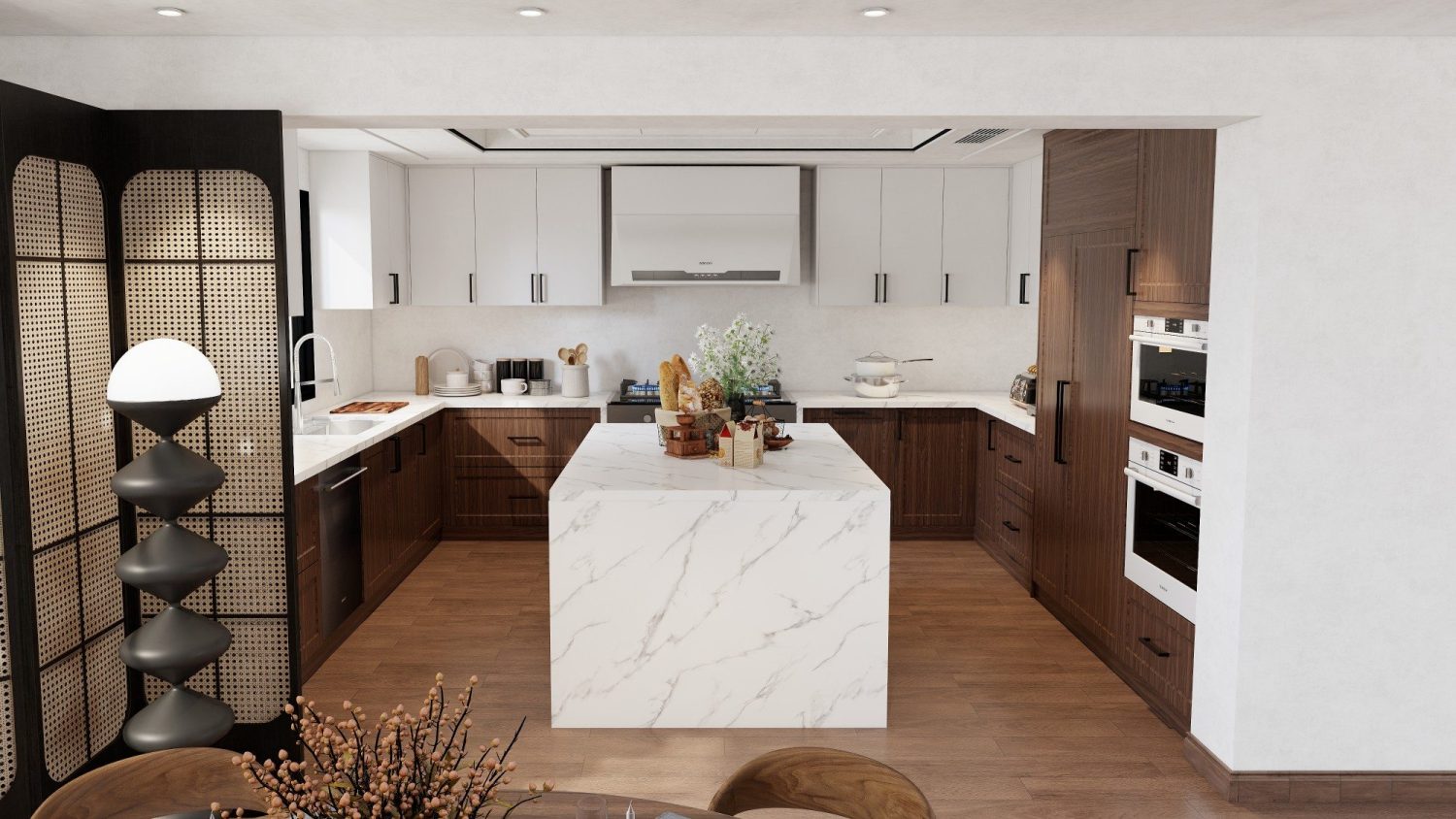 Space-efficient condo kitchen with modern marble island, sleek cabinetry, and optimized storage for compact living.