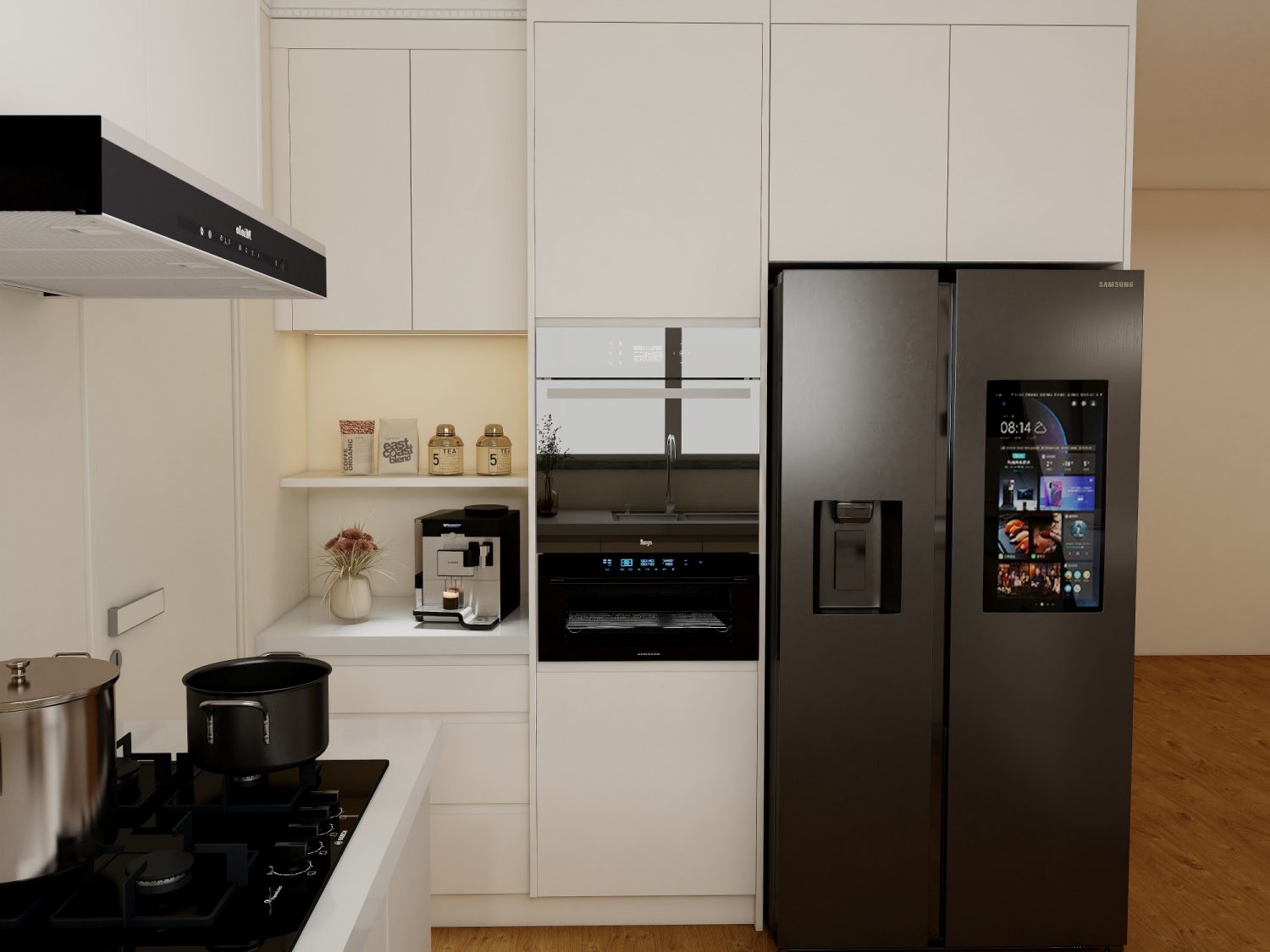Compact kitchen corner with integrated coffee niche, built-in oven, and smart fridge in handle-free white cabinetry.