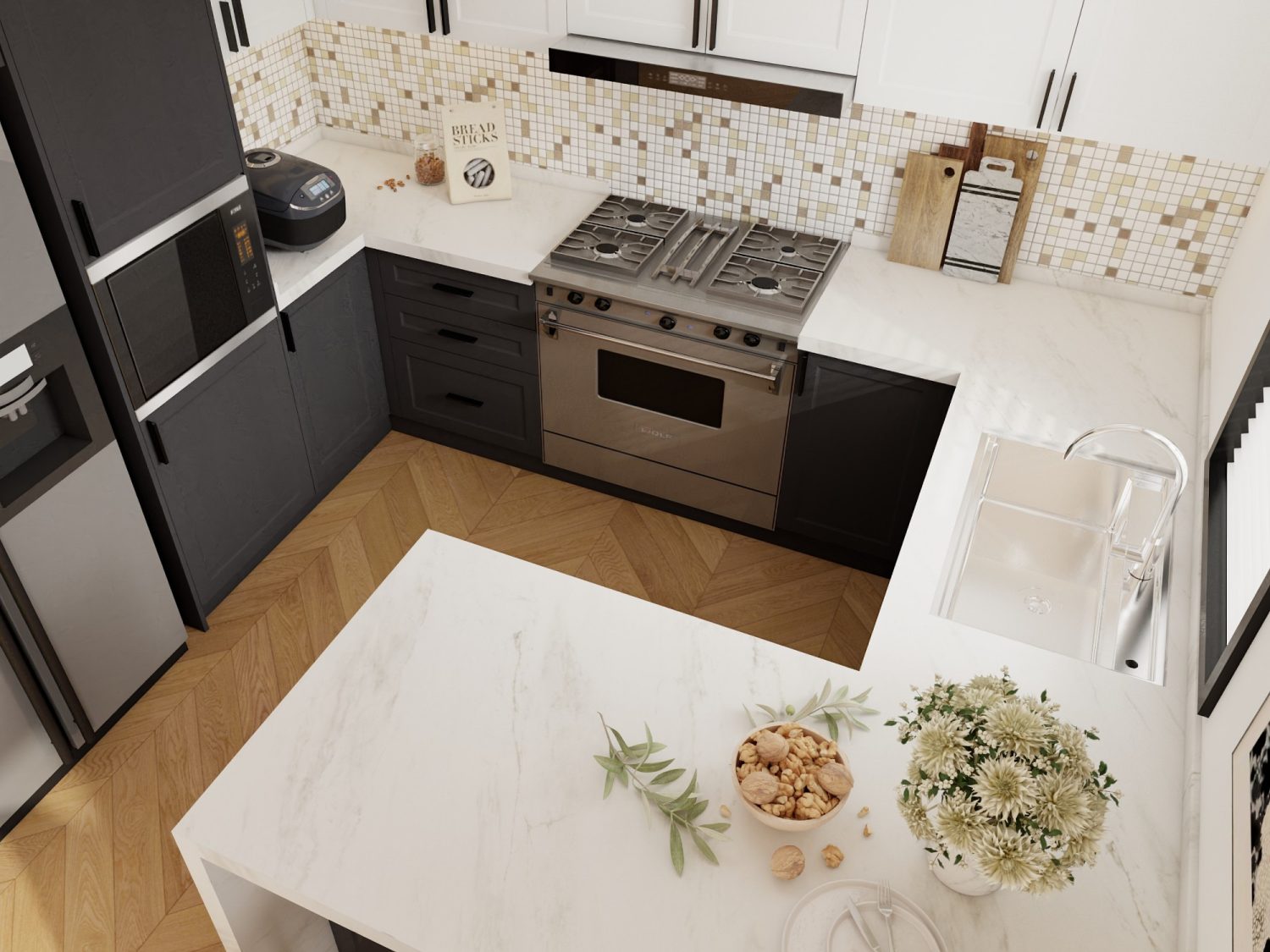 Overhead view of a compact L-shaped kitchen with handle-free cabinetry, integrated oven, and multifunctional island.