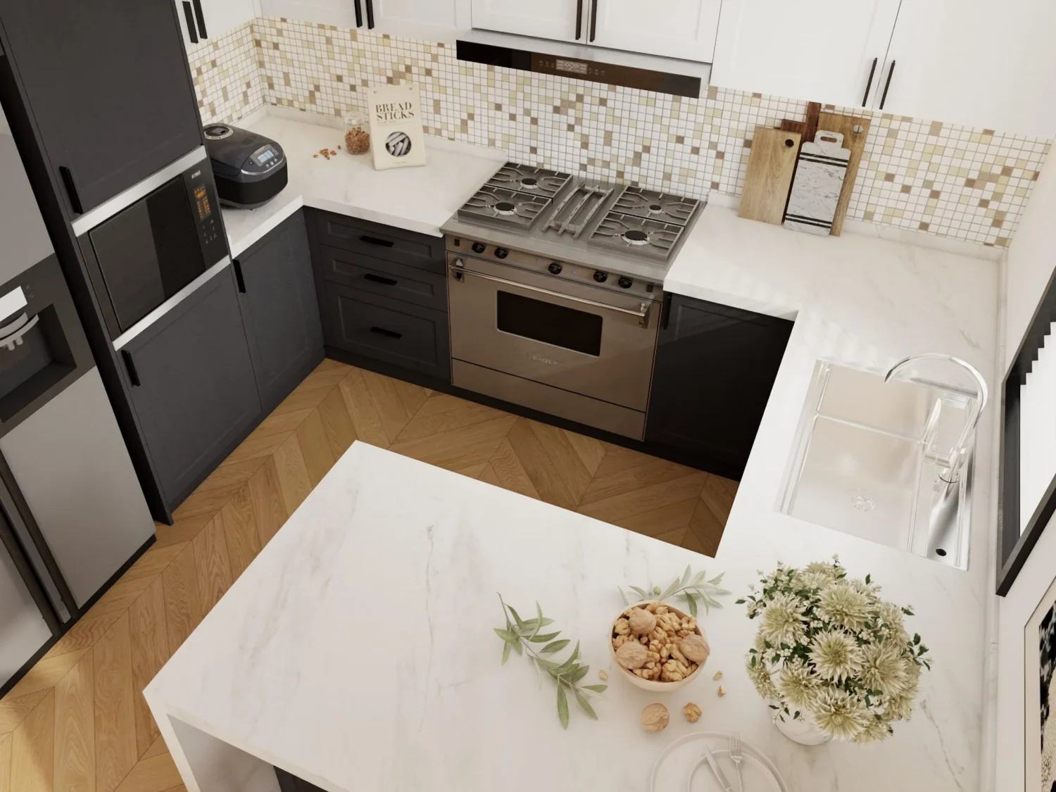 Vista aérea de una cocina compacta en forma de L con gabinetes sin tiradores, horno integrado e isla multifuncional.