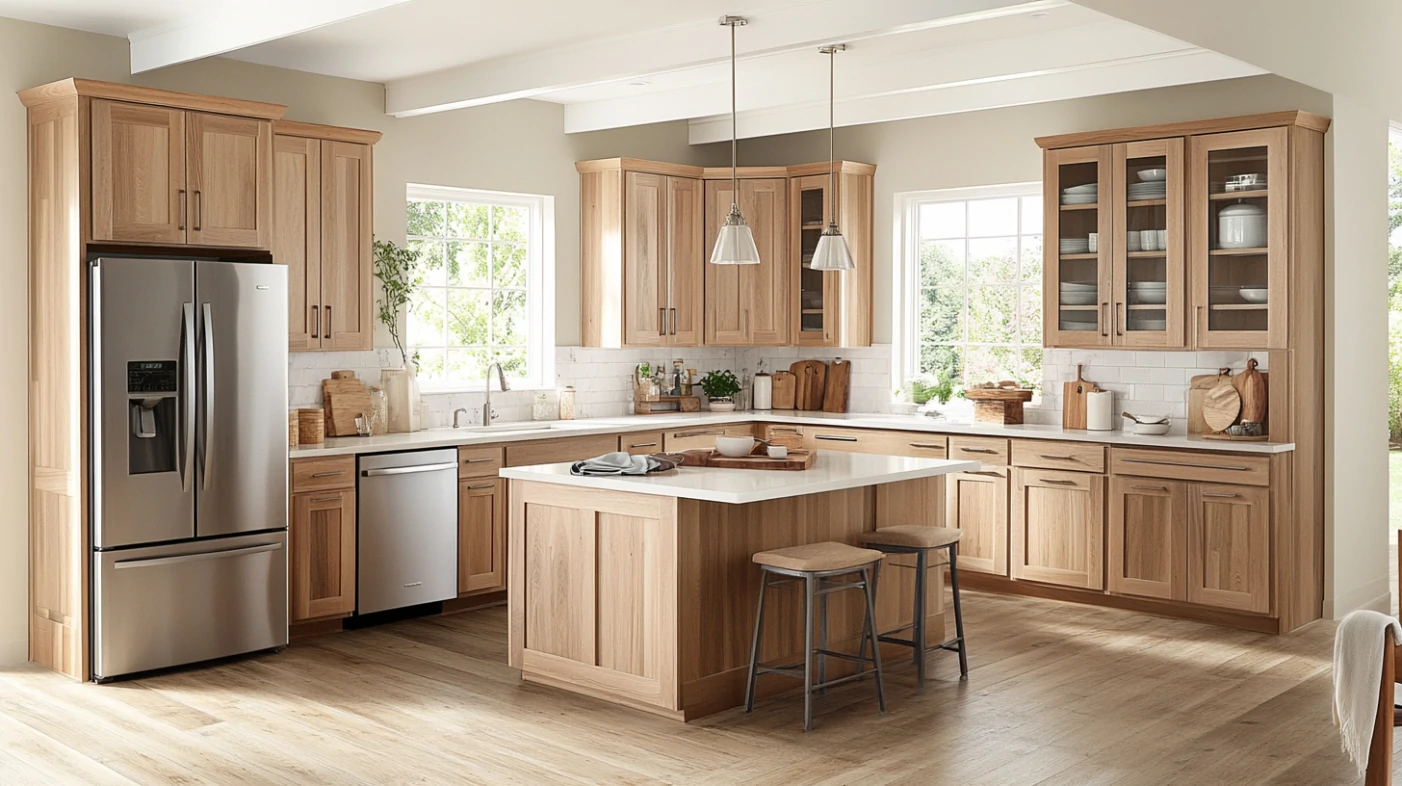 bright kitchen with modern birch kitchen cabinets and white island