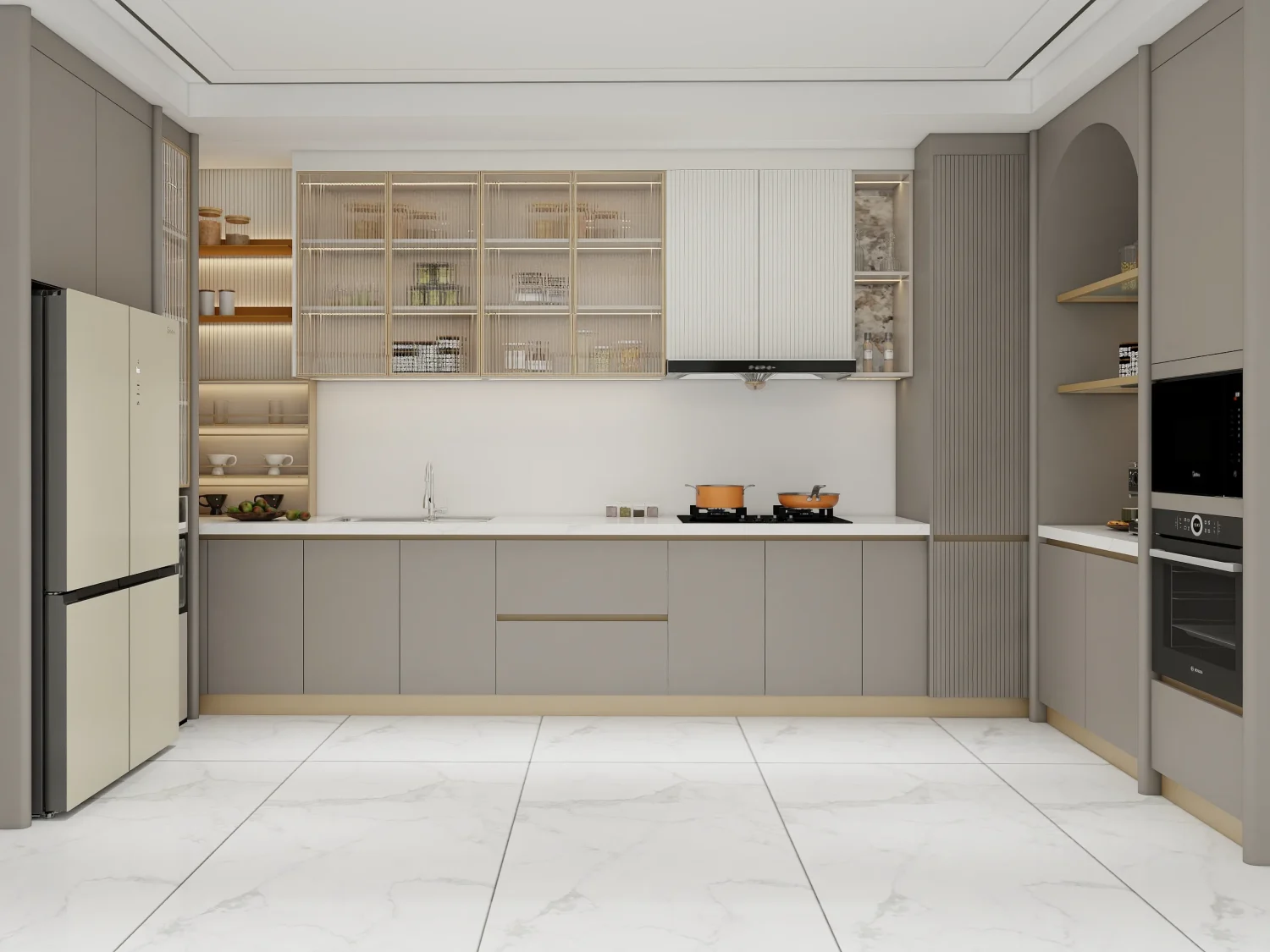 stylish kitchen with marble island modern cabinets and geometric pendant lighting 6