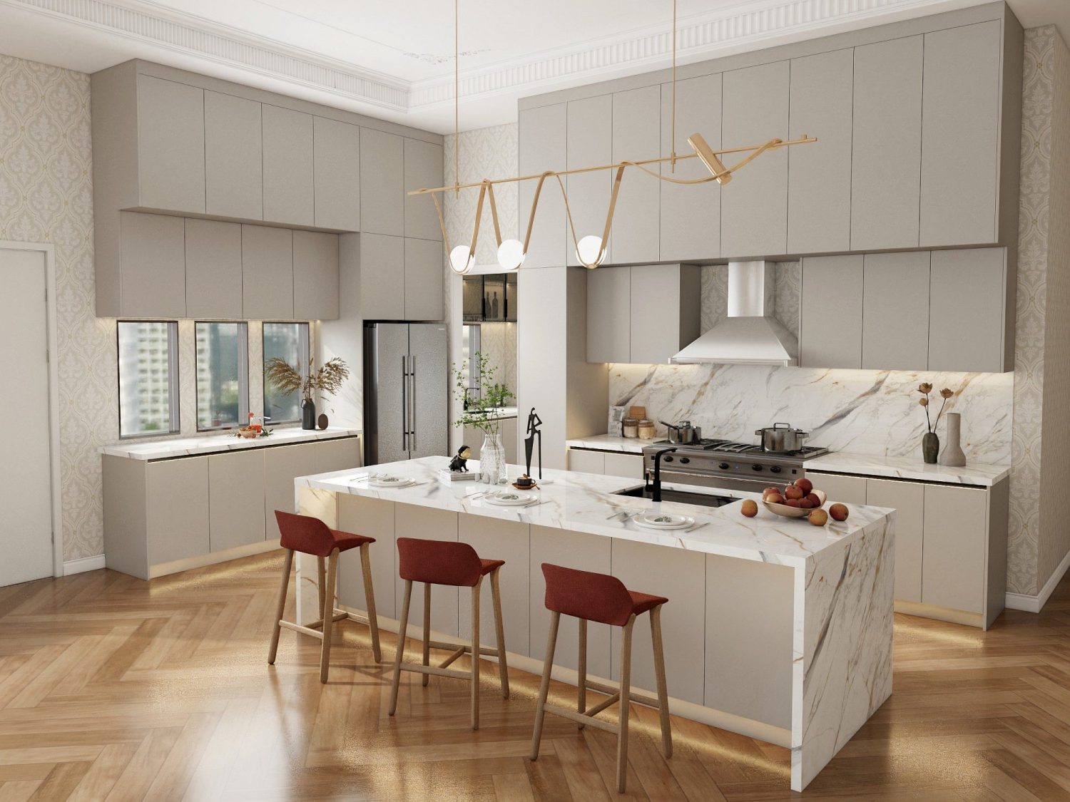 Sub-Saharan family kitchen with a heat-resistant marble island, gray easy-clean laminate cabinets and ventilated bulk storage