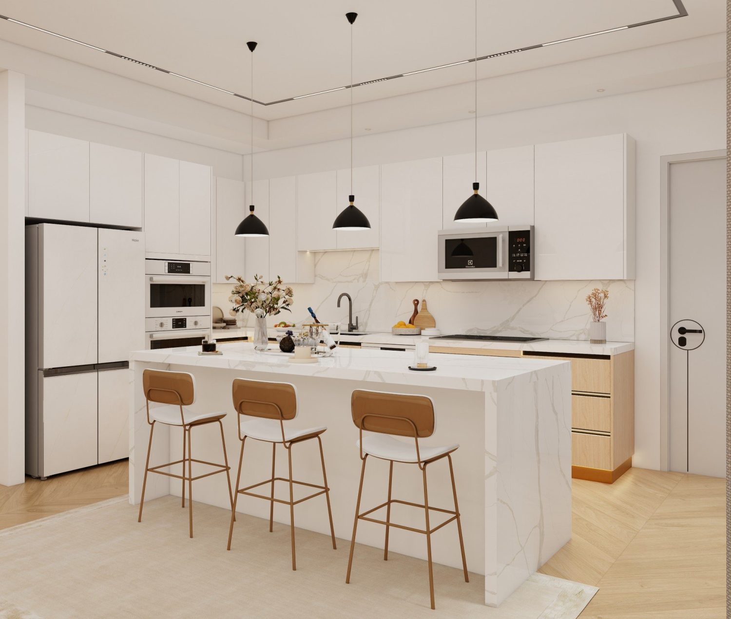 Bright Sub-Saharan family kitchen with termite-resistant wood base island, heat-resistant marble countertop, white laminate cabinets