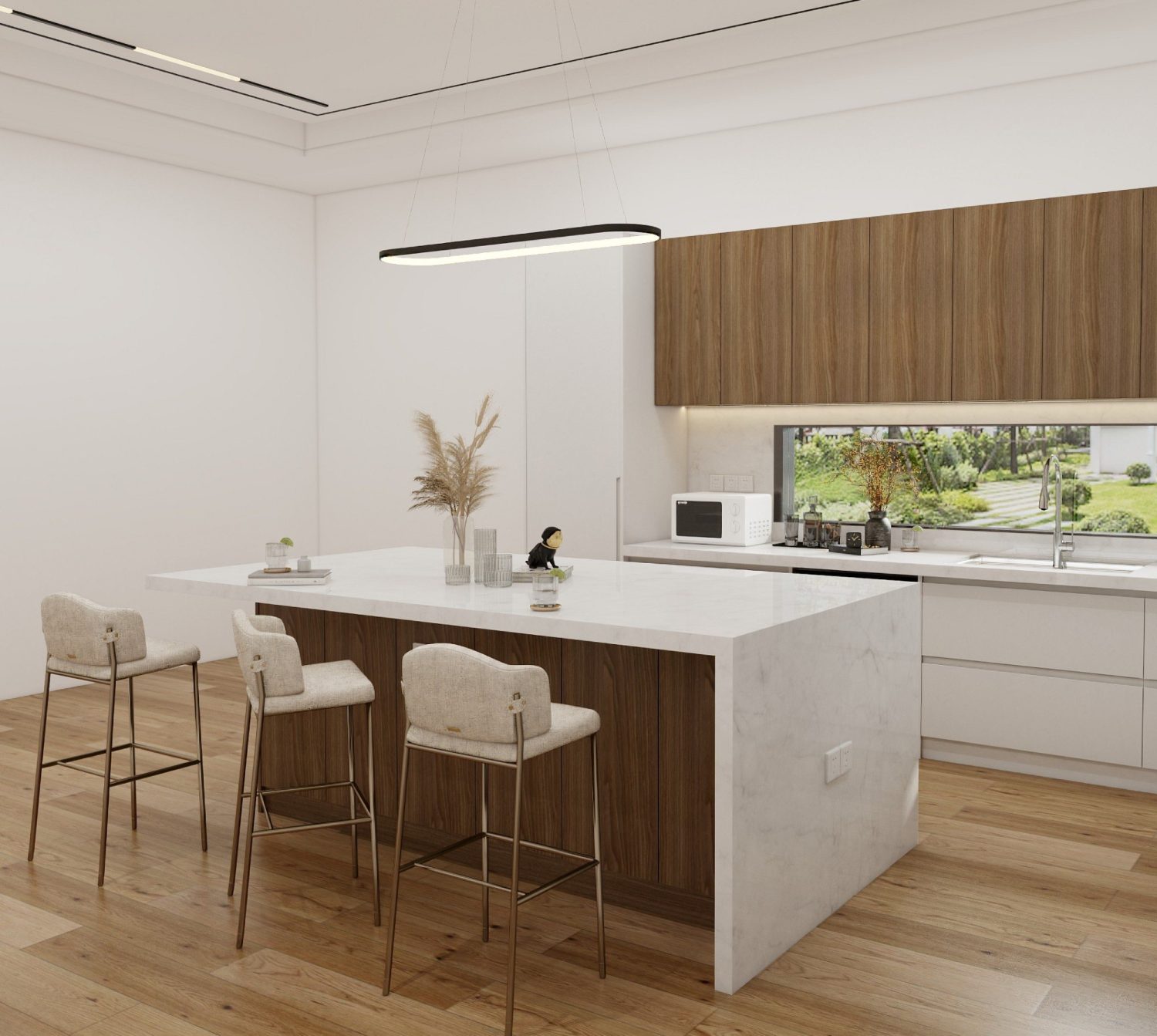Marble-topped kitchen island with wood slat base, paired with termite-resistant laminate cabinets