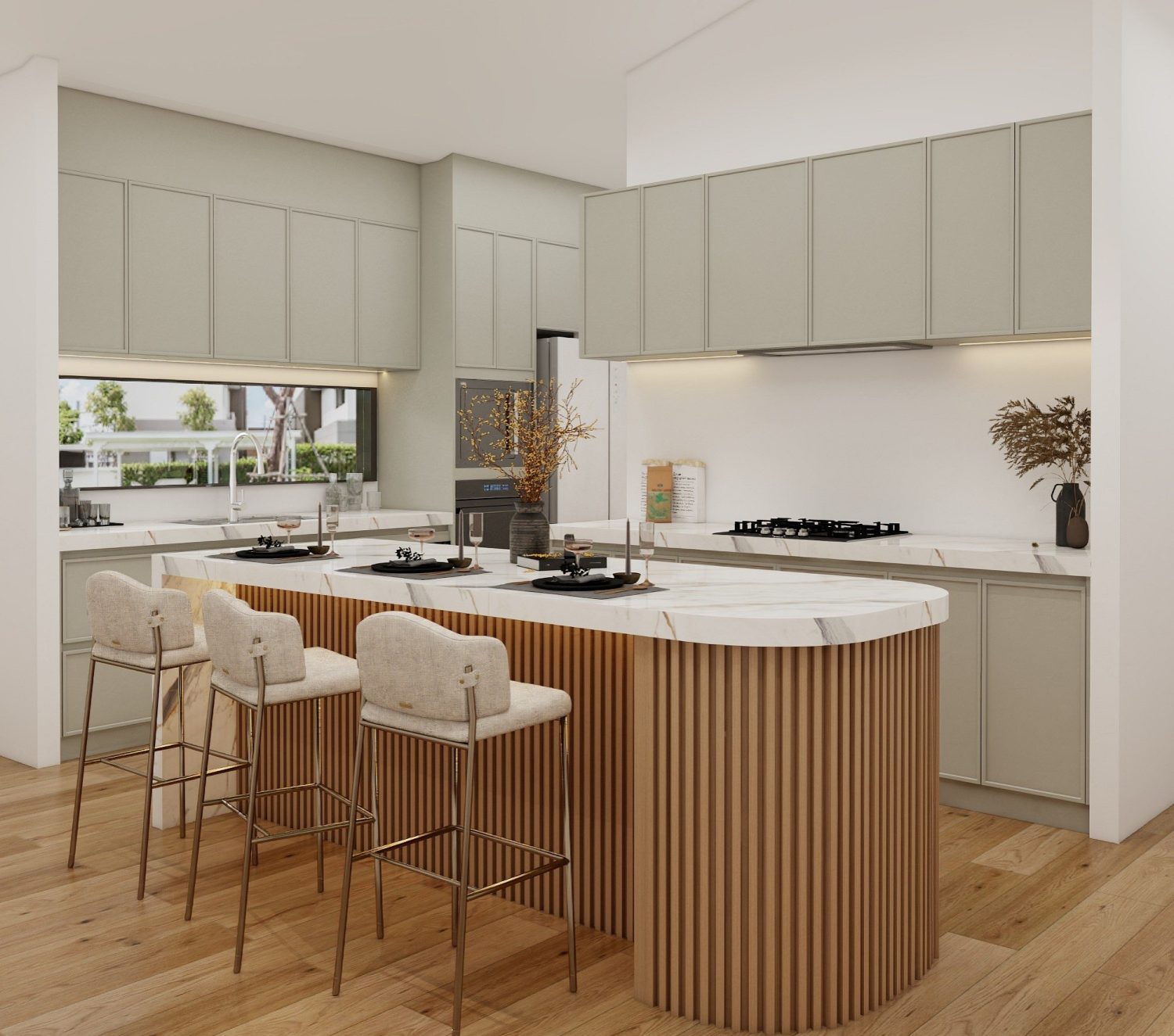 Sub-Saharan family kitchen with heat-resistant marble island atop slatted treated-wood base and taupe easy-clean laminate cabinets