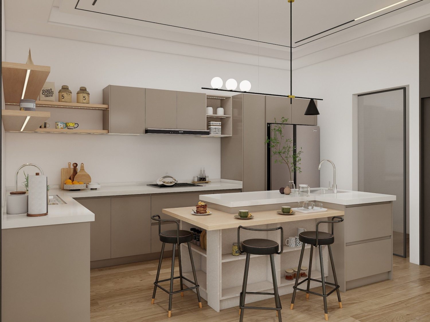 Taupe laminate L-shaped family kitchen with white marble counters, wooden shelf island and bulk storage cubbies
