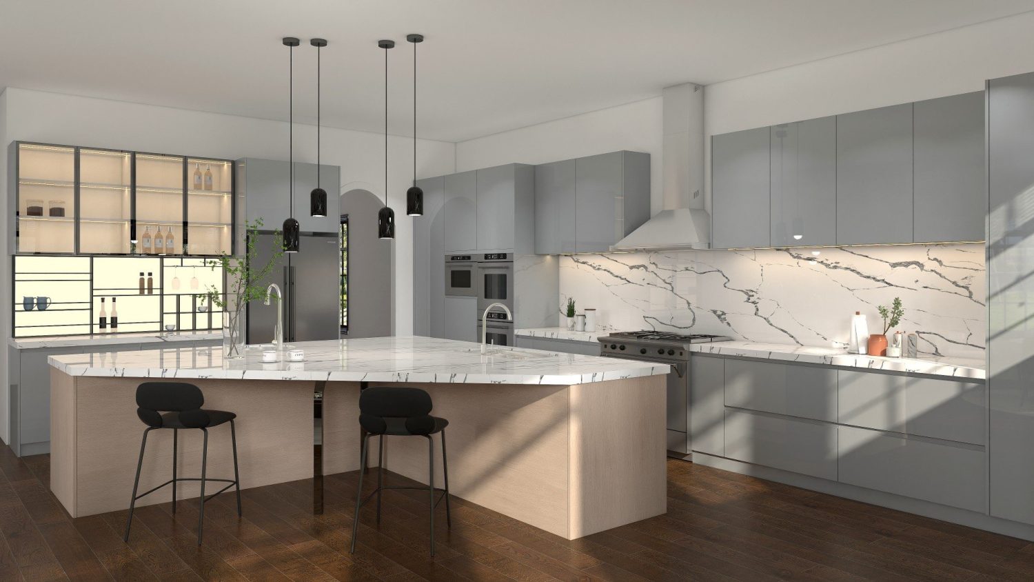 Spacious Sub-Saharan family kitchen with marble-topped island, gray easy-clean laminate cabinets and ventilated bulk storage