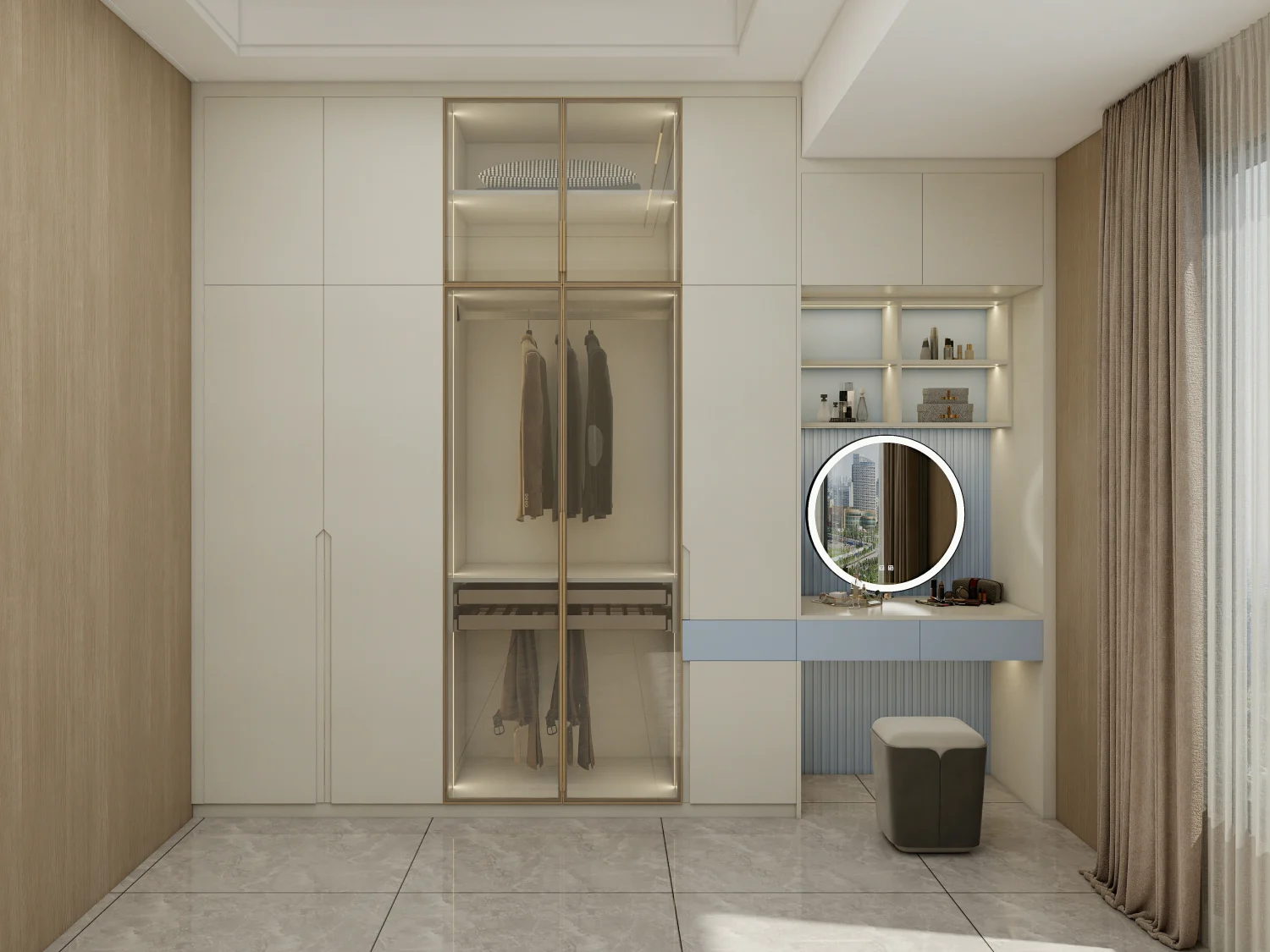 Closed swing closet doors in a modern and organized closet.