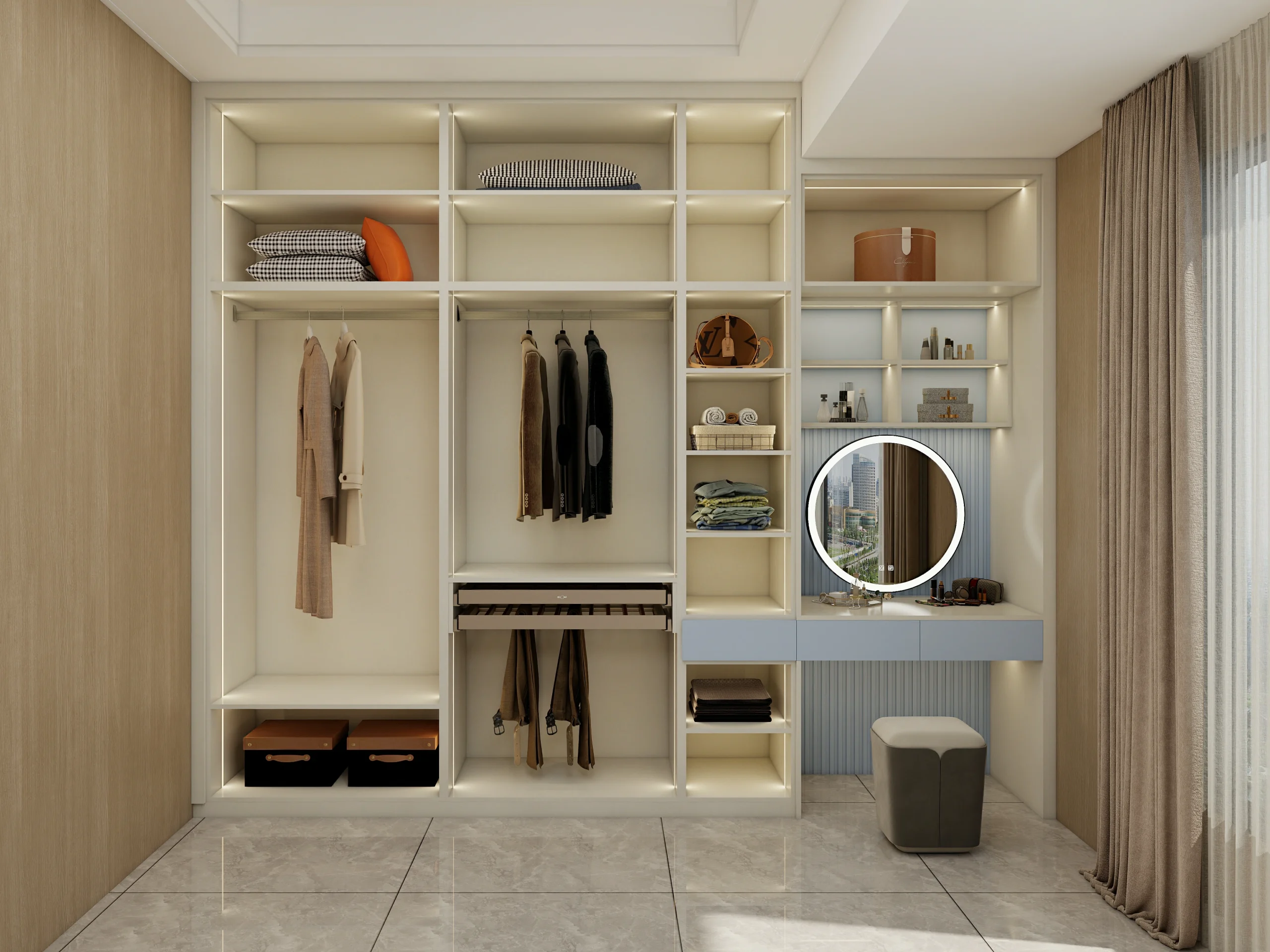Swing closet doors opened to reveal organized storage and clothing minimum size for a walk in closet