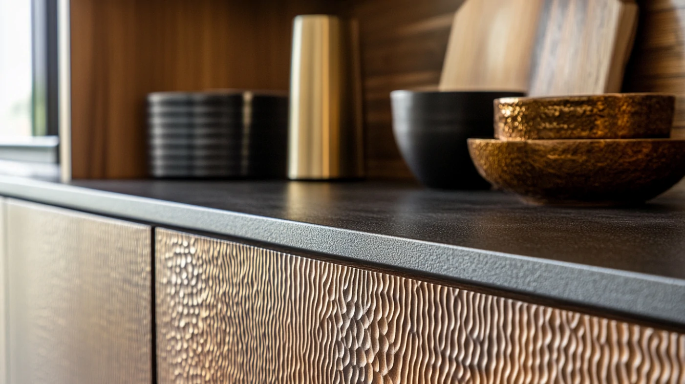 A kitchen featuring textured acrylic kitchen cabinets, showcasing unique patterns and depth for added character.