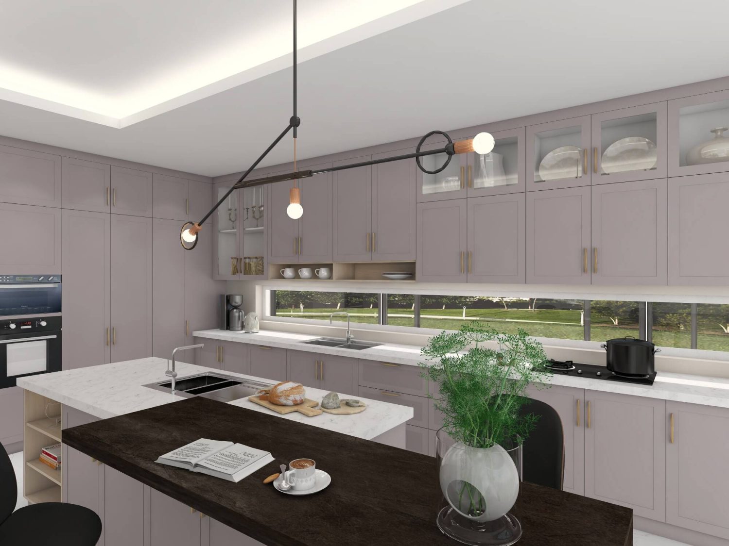 Canadian Shaker style kitchen with painted maple cabinets, two-tone island, glass-front uppers, and deep drawers for winter storage.