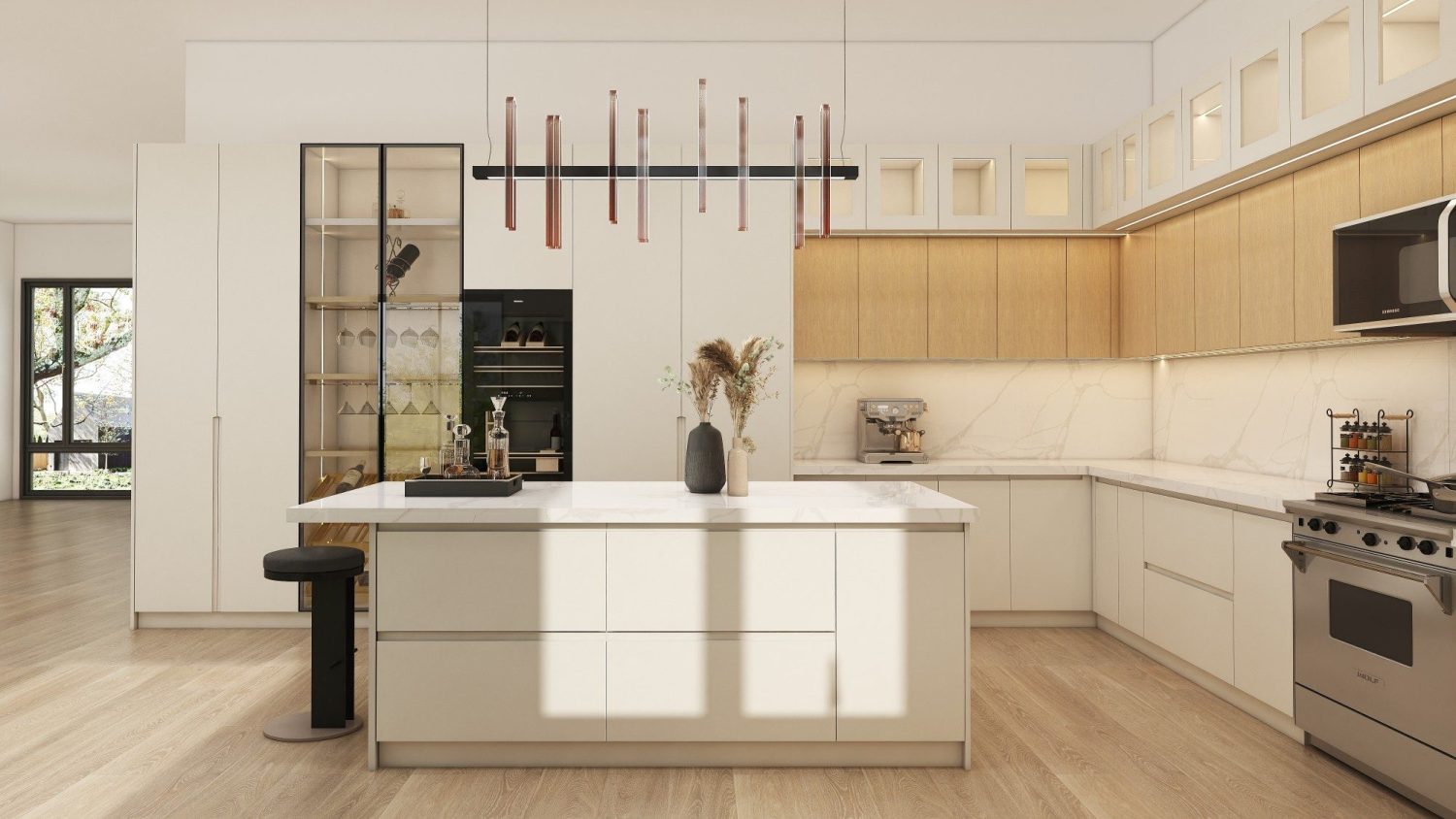 Bright tropical modern kitchen with glass-front display cabinets, teak upper panels, ventilated teak-and-bamboo base units