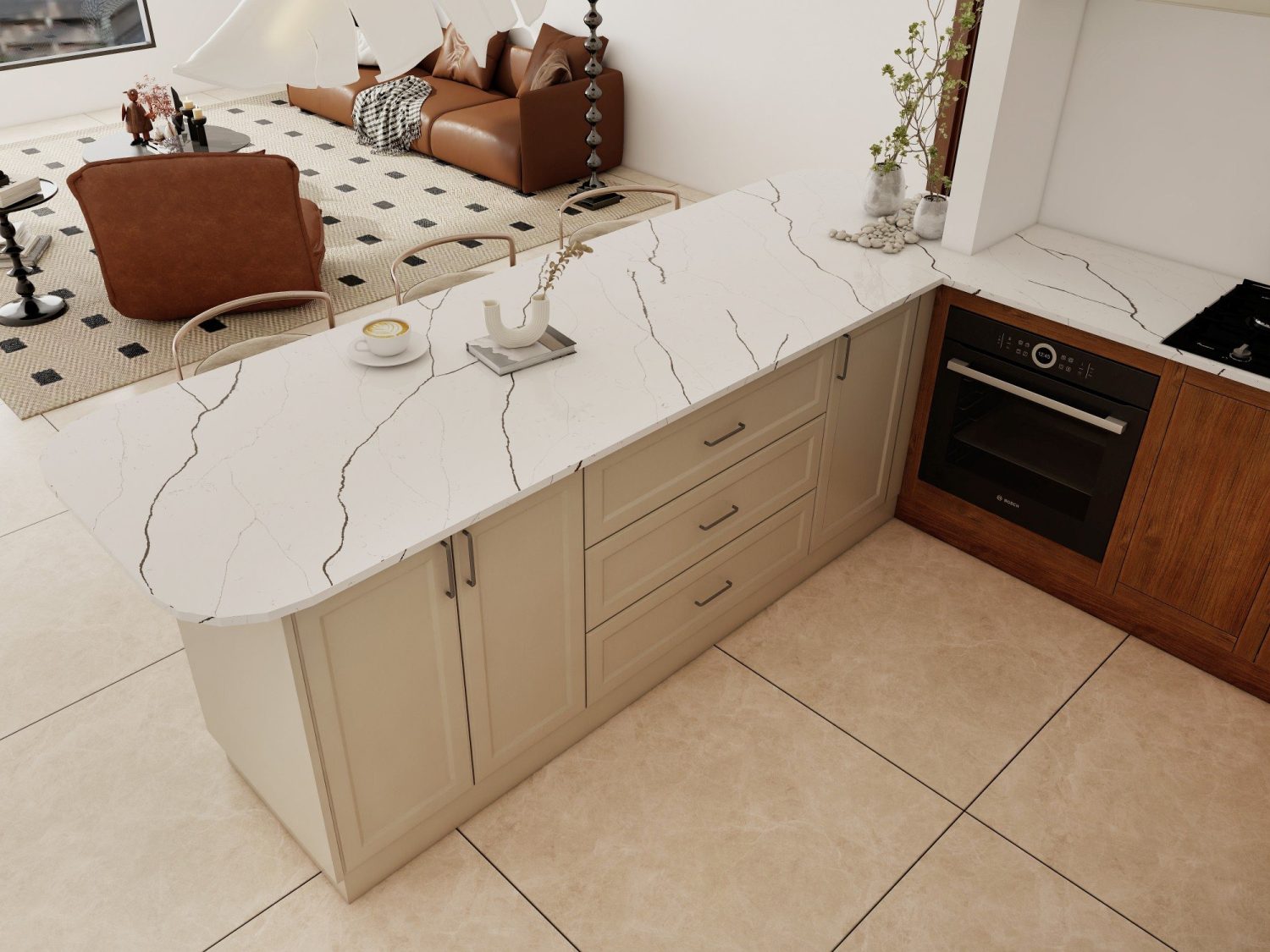 Angled view of a tropical-modern kitchen featuring marble countertop island, two-tone teak and beige cabinets.