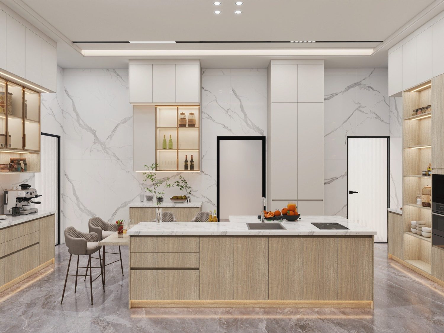 Bright tropical modern kitchen with teak veneer base cabinets, white upper units, marble accent walls and a marble-topped island