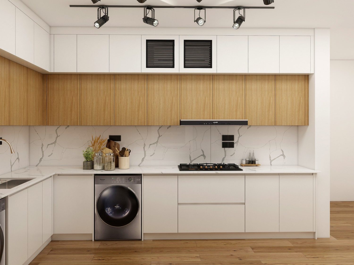 L-shaped tropical modern kitchen with teak upper cabinets, white lower cabinets, marble backsplash, integrated washer.