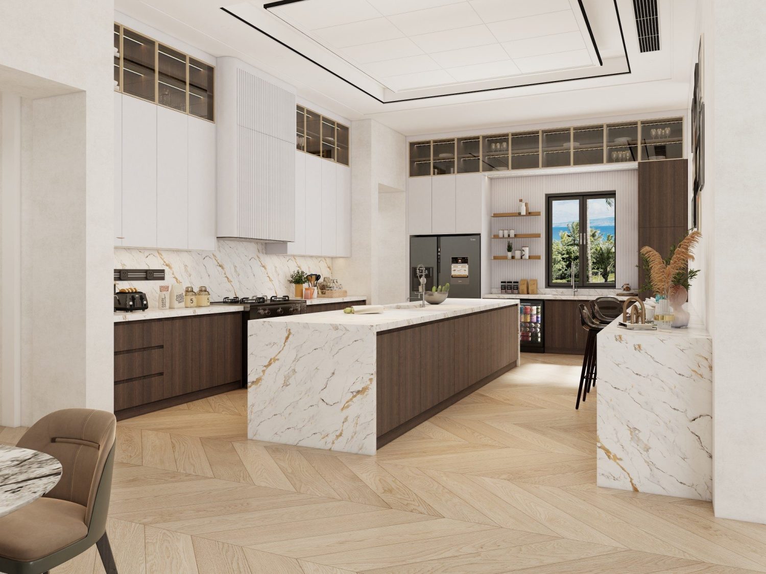 Spacious tropical modern kitchen with teak base cabinets, white upper cabinets, full-height marble island and back splash