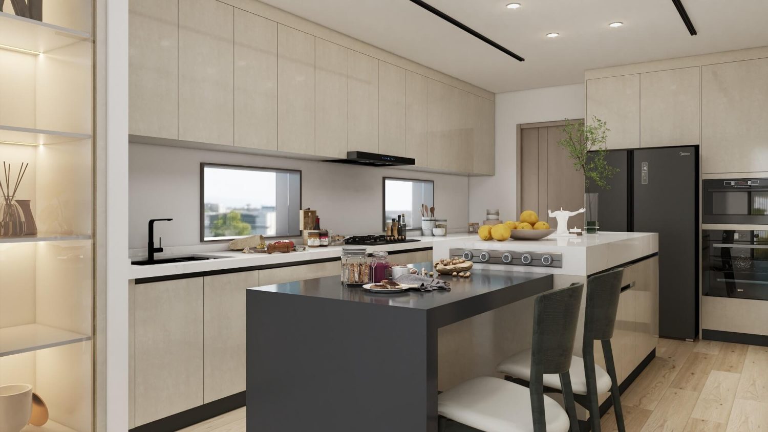 Sleek urban contemporary kitchen with minimalist flat-panel doors, eco-friendly finishes, and seamless appliance integration.