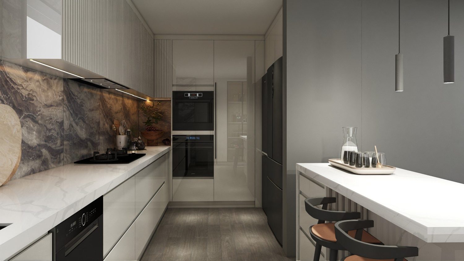 L-shaped urban kitchen with high-gloss neutral cabinets, engineered wood lower units, marble countertops, under-cabinet lighting.