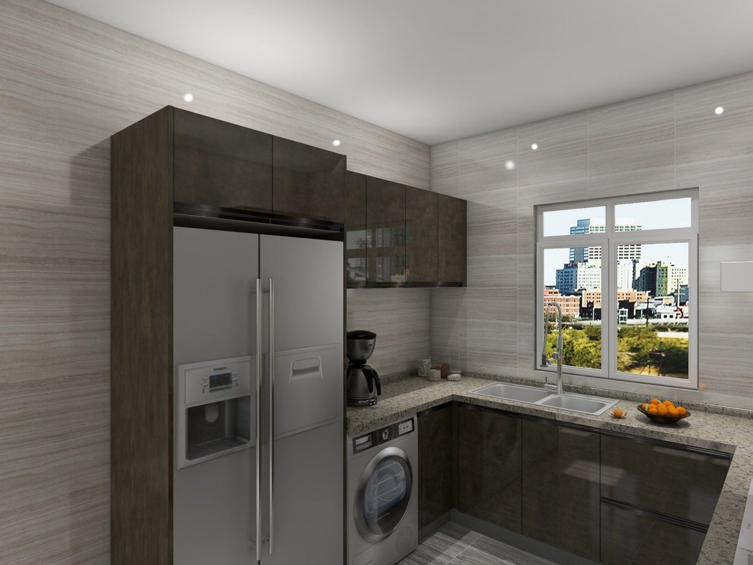 Compact L-shaped urban kitchen with high-gloss dark laminate cabinets, integrated washer, stainless fridge, and city-view window.