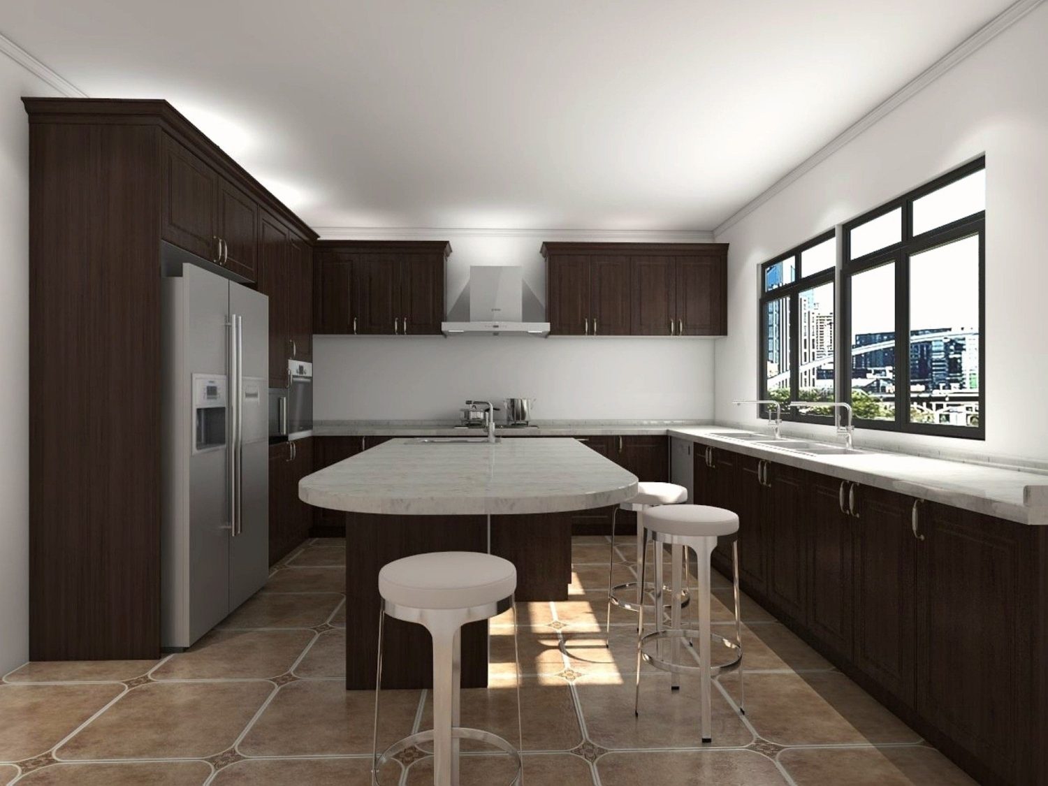 U-shaped urban kitchen with dark wood lower cabinets, white marble countertops, integrated fridge, and large city-view windows.