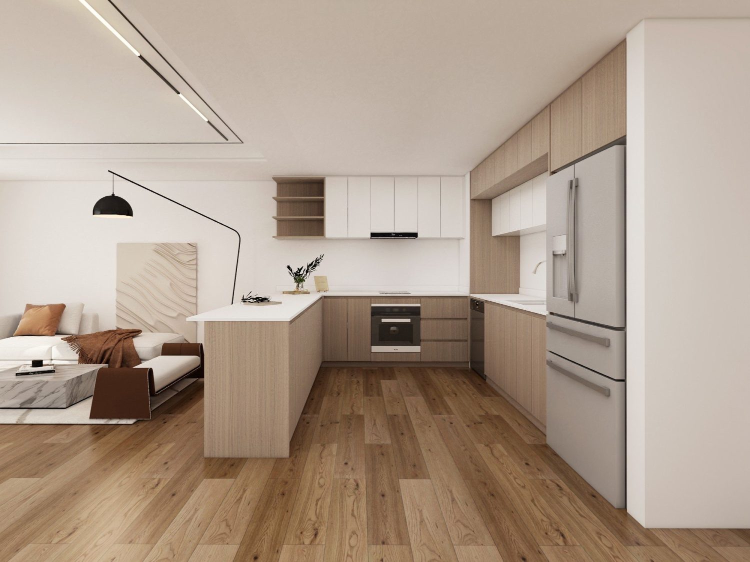 L-shaped urban kitchen with engineered wood lower cabinets, white laminate uppers, integrated fridge, and pendant lighting.