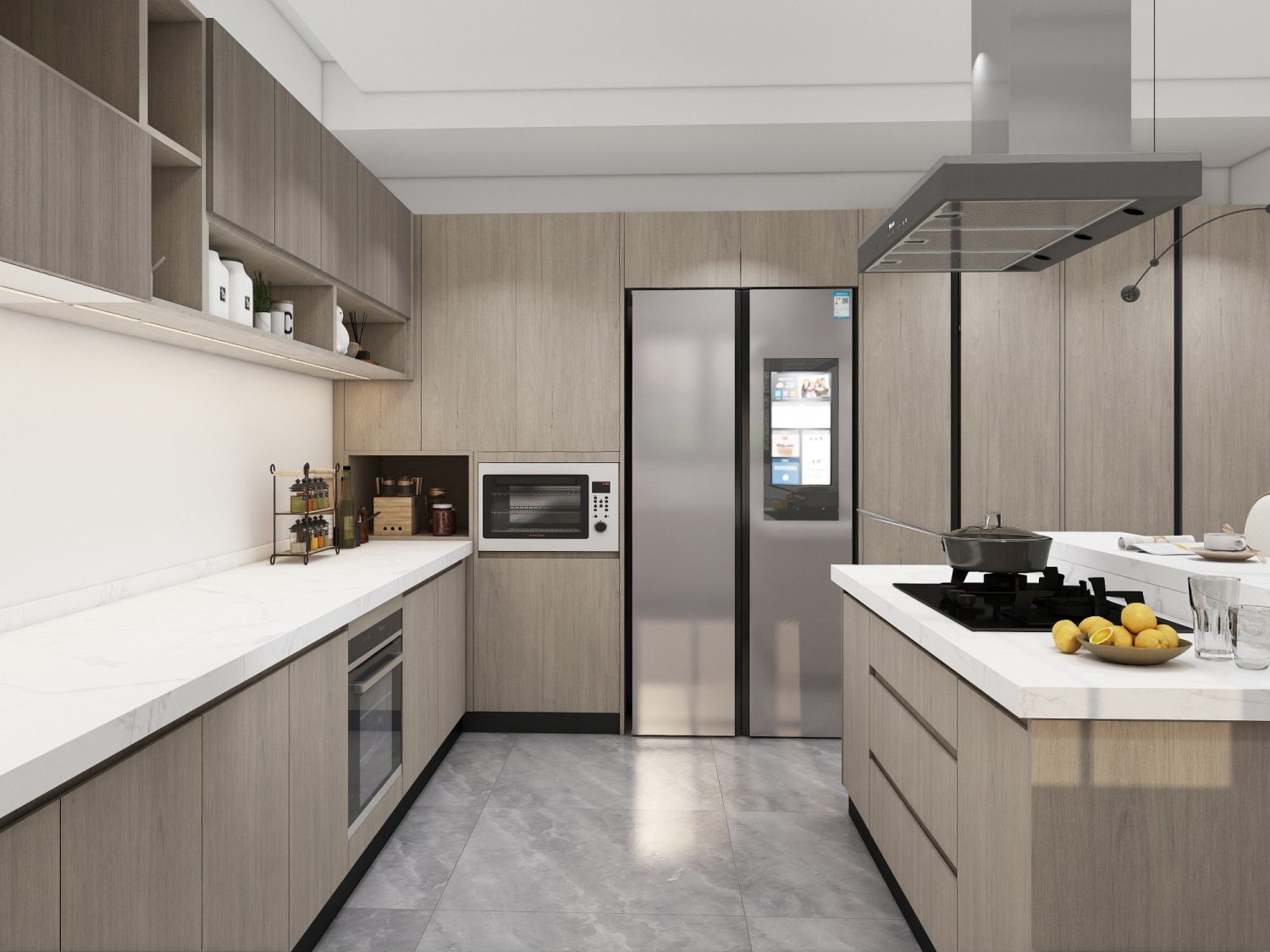 Galley-style urban kitchen with engineered wood cabinets, marble-effect countertops, integrated appliances and overhead range hood.