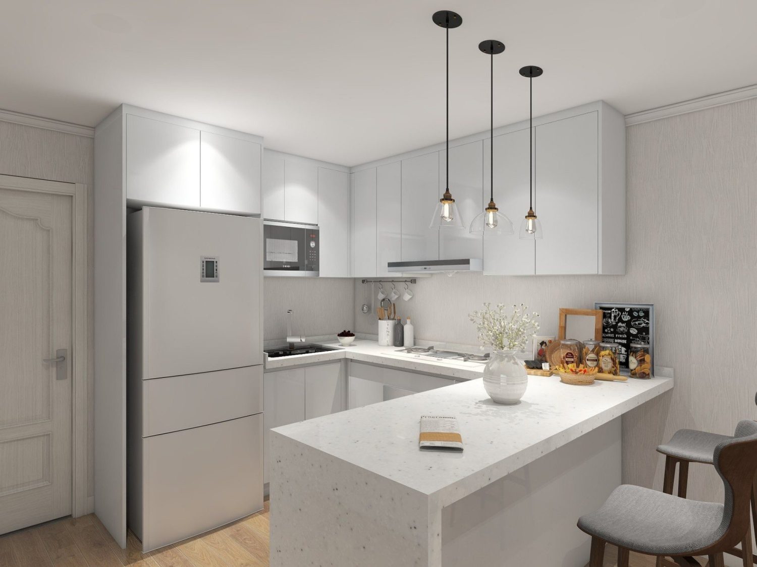 L-shaped high-gloss white urban kitchen with space-saving cabinets, compact breakfast island, wood trim accents, and pendant lights.