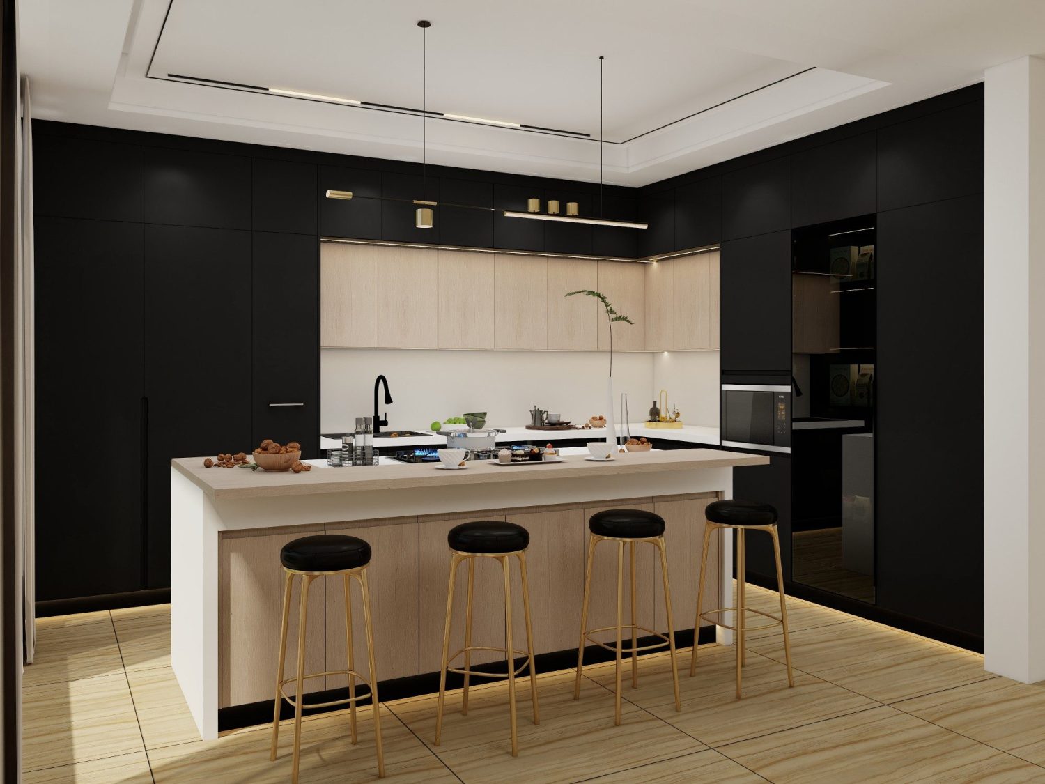 urban industrial kitchen design with black cabinets gold stools metal fixtures and wood accents in modern apartment