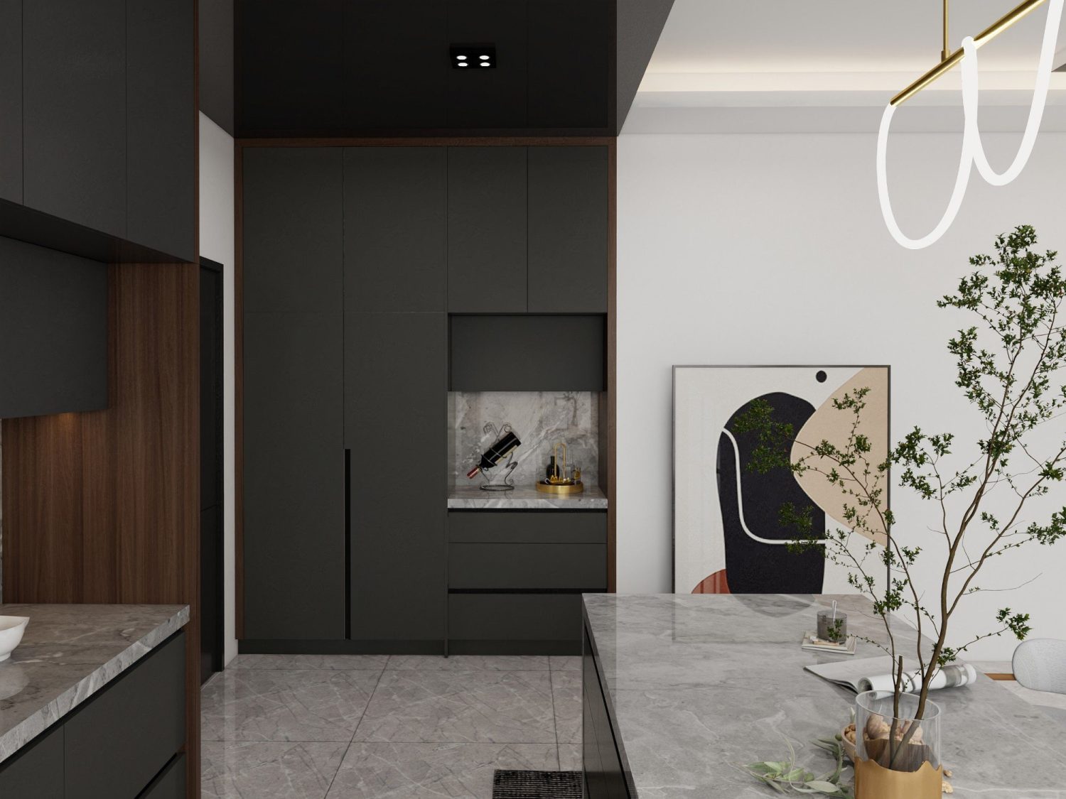 Urban industrial kitchen with black cabinets, marble countertops, open shelving, and modern minimalist decor