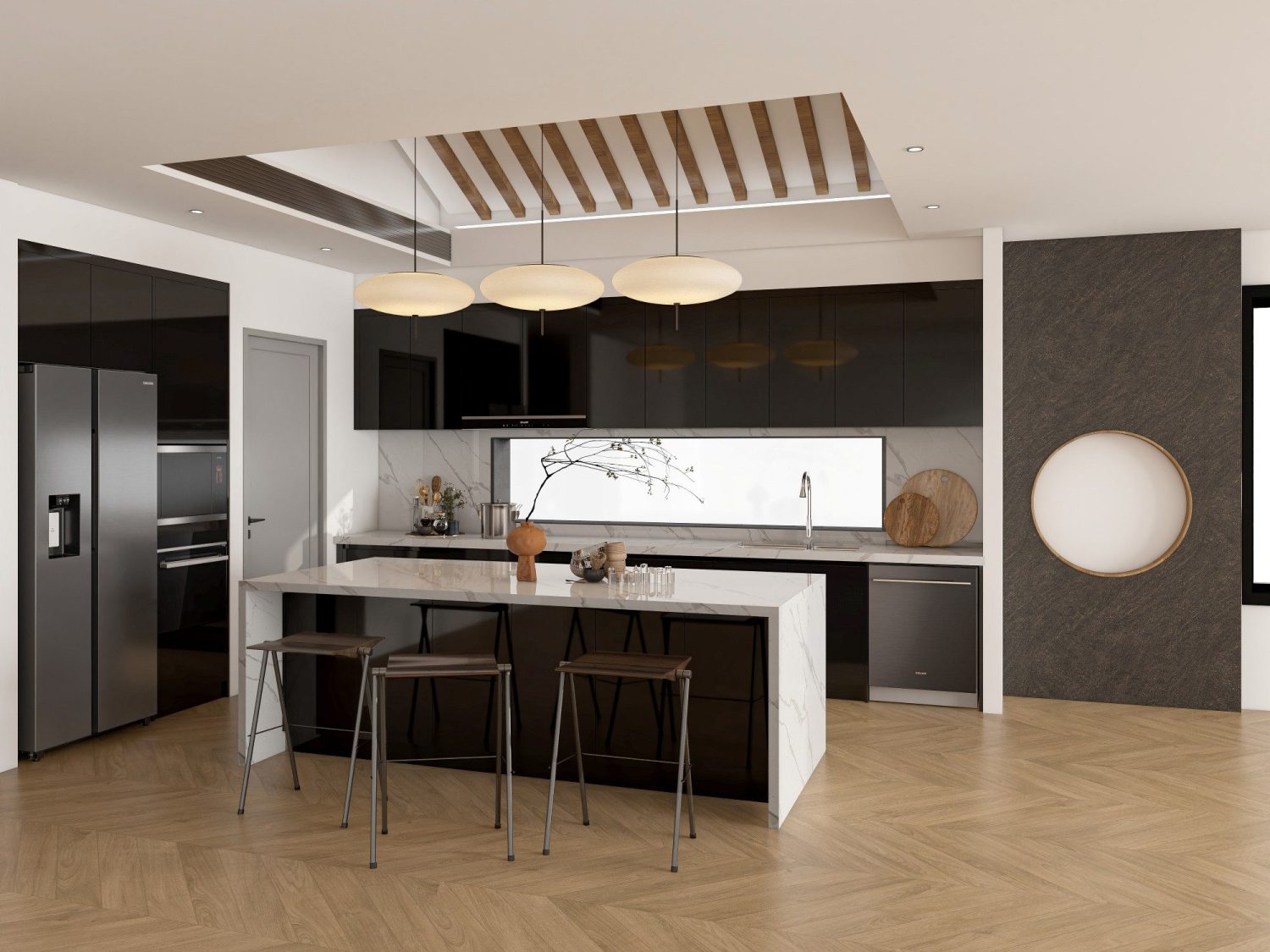 Urban industrial kitchen with black glossy cabinets, marble island countertop, pendant lighting, and minimalist bar stools