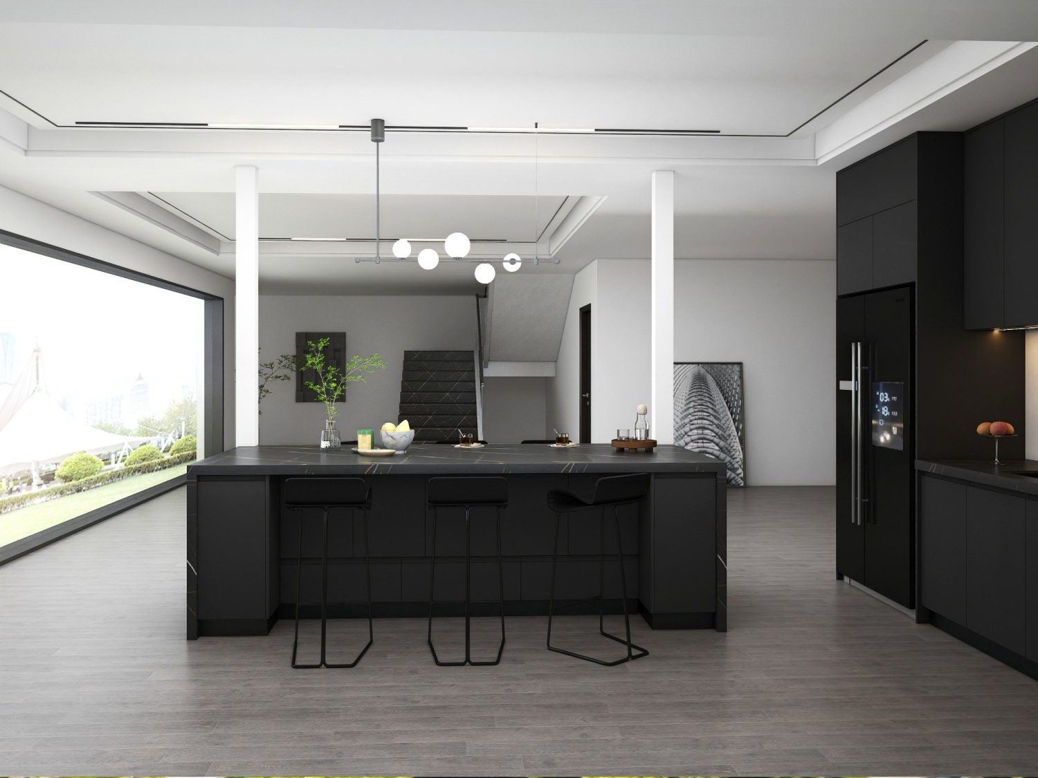 modern urban industrial kitchen with black matte cabinets open layout metal accents and concrete countertops