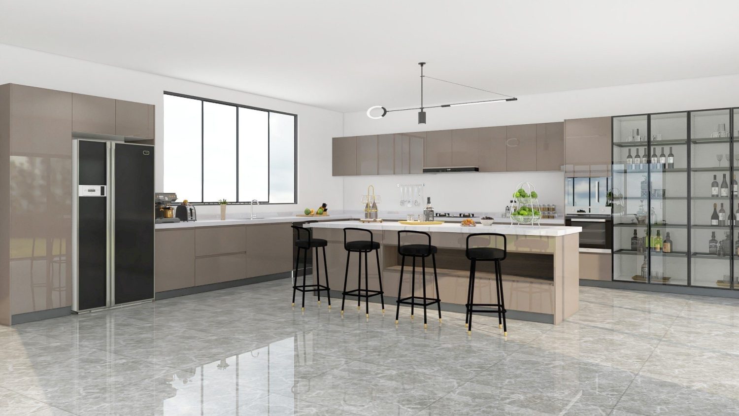 urban modern kitchen cabinets with glossy finish glass storage and sleek island with black bar stools reflective marble floor