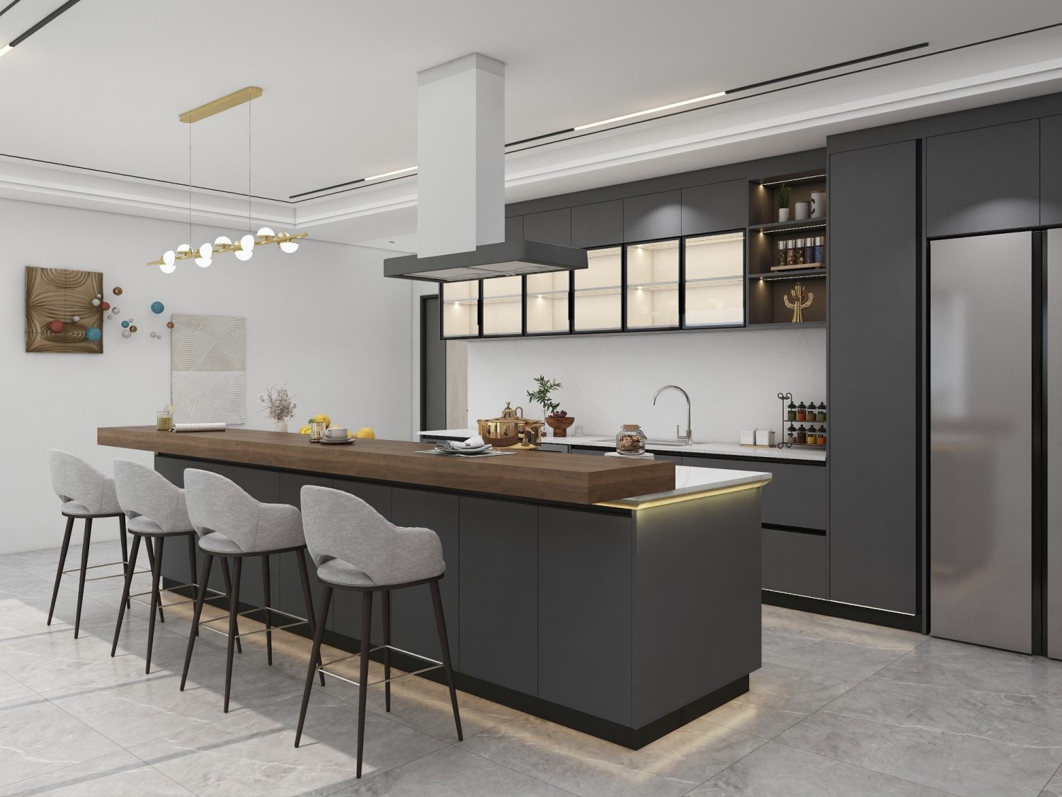 urban modern kitchen cabinets with gray island wood countertop gray bar stools under-cabinet lighting and marble floor