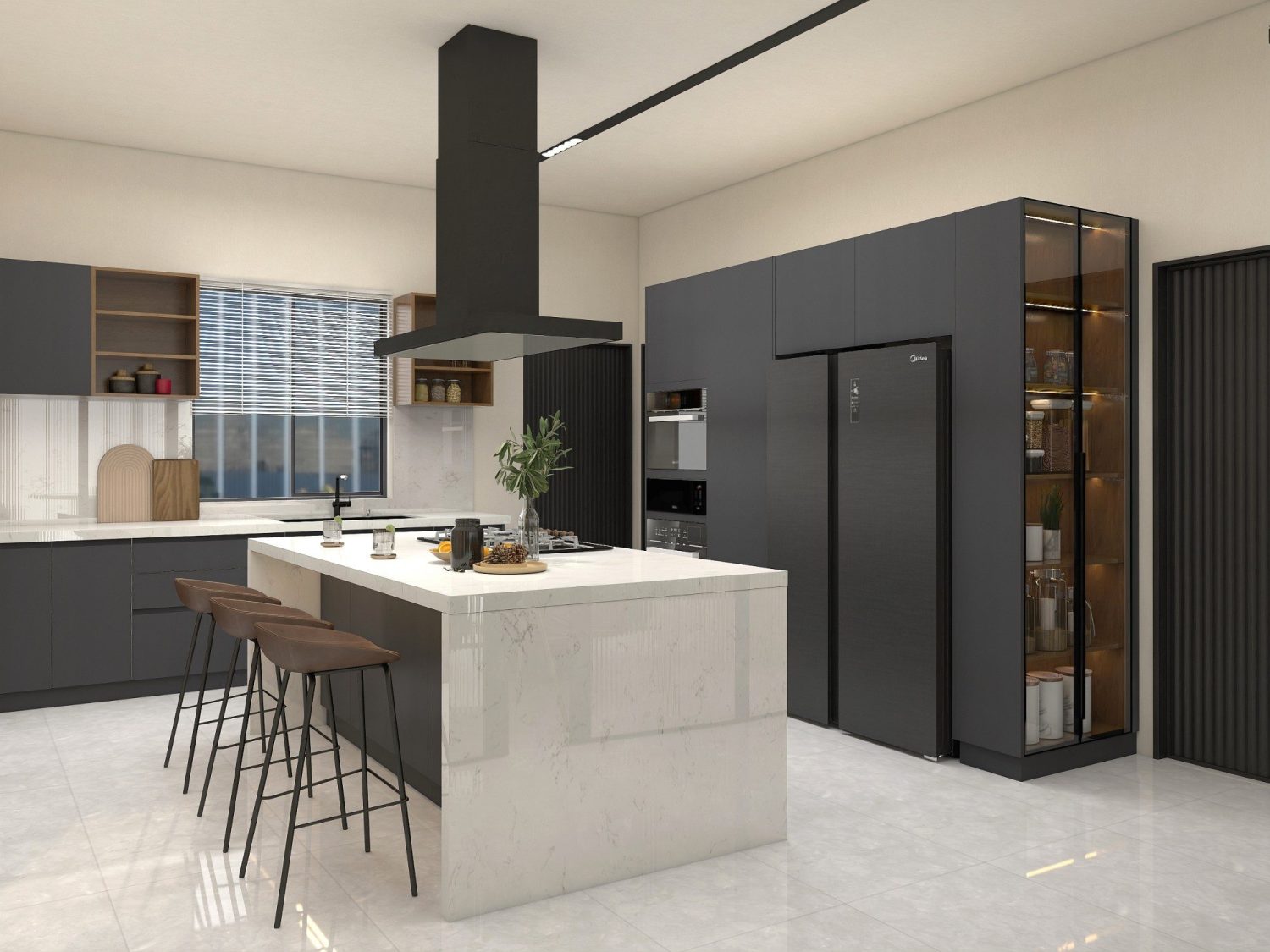 urban modern kitchen with dark gray cabinets marble island bar stools built-in glass display cabinet and stainless steel appliances
