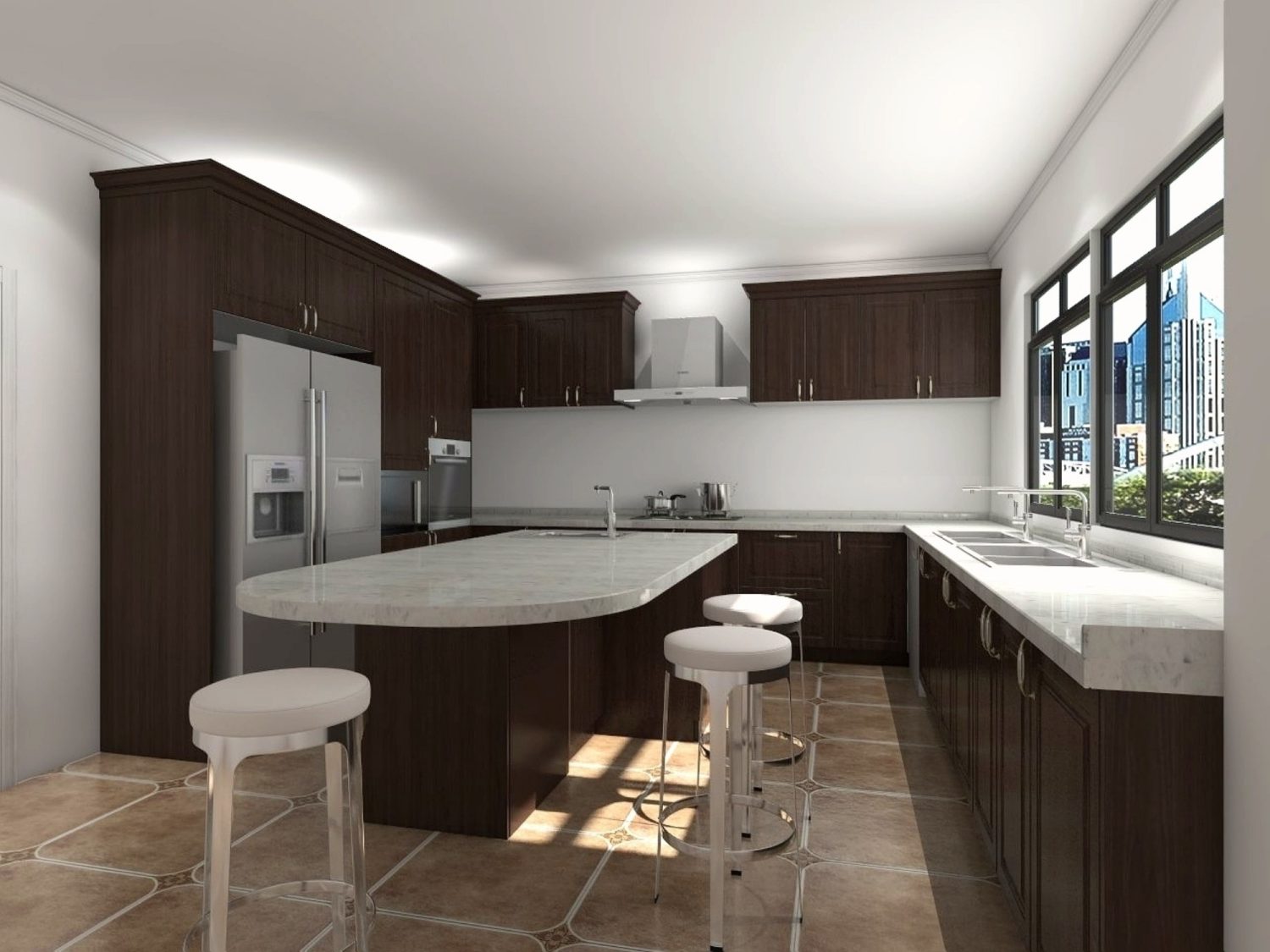 urban modern kitchen with dark wood cabinets marble countertops and transparent stools in natural light