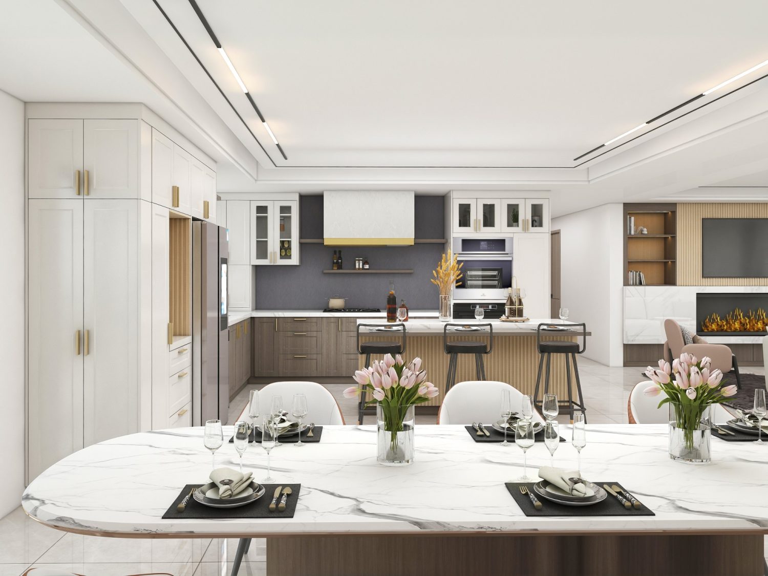 urban modern kitchen with marble dining table gray and white cabinets brass hardware and open living space
