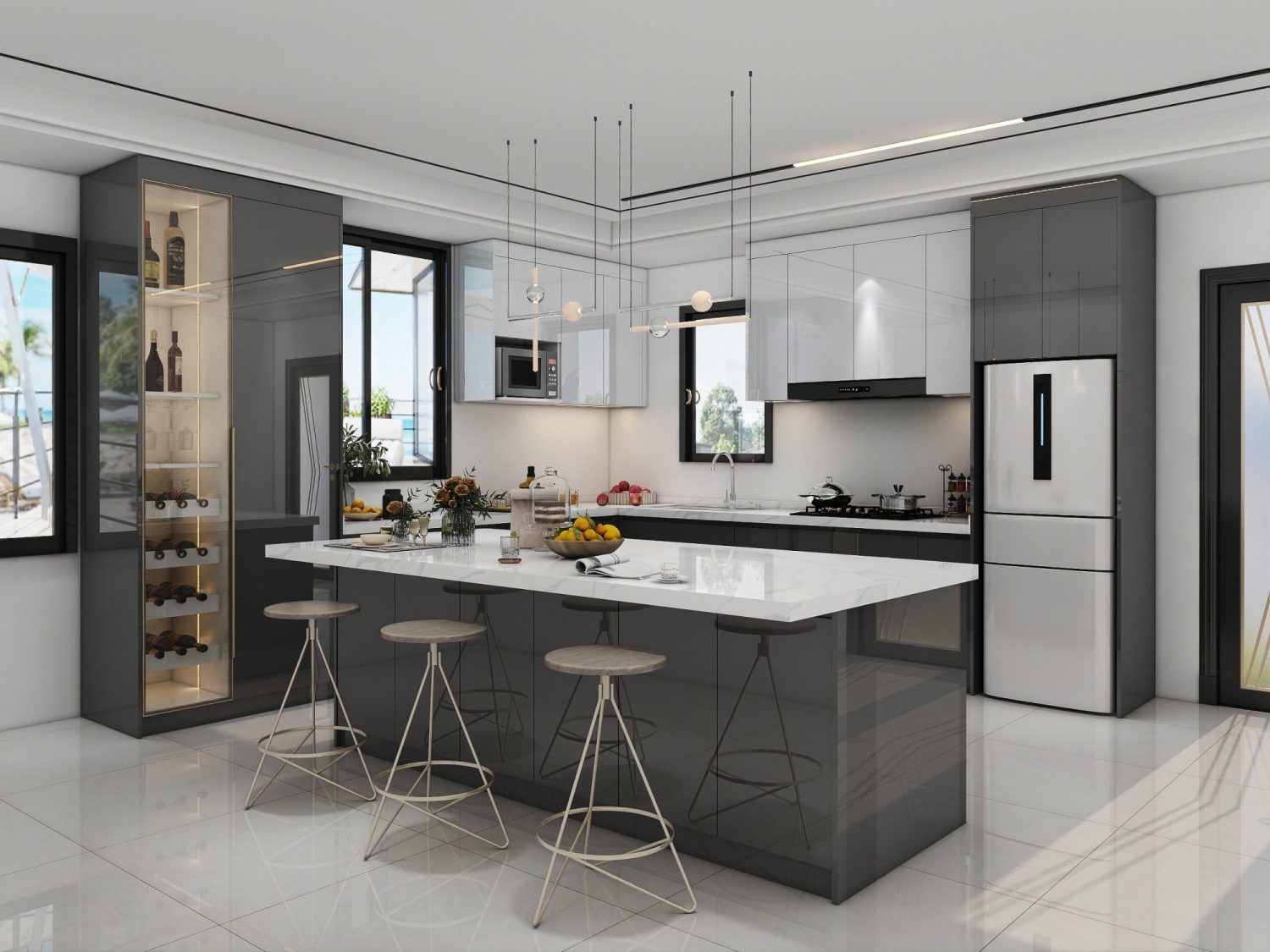 urban modern kitchen with gray glossy cabinets marble countertop island metal bar stools and built-in wine storage