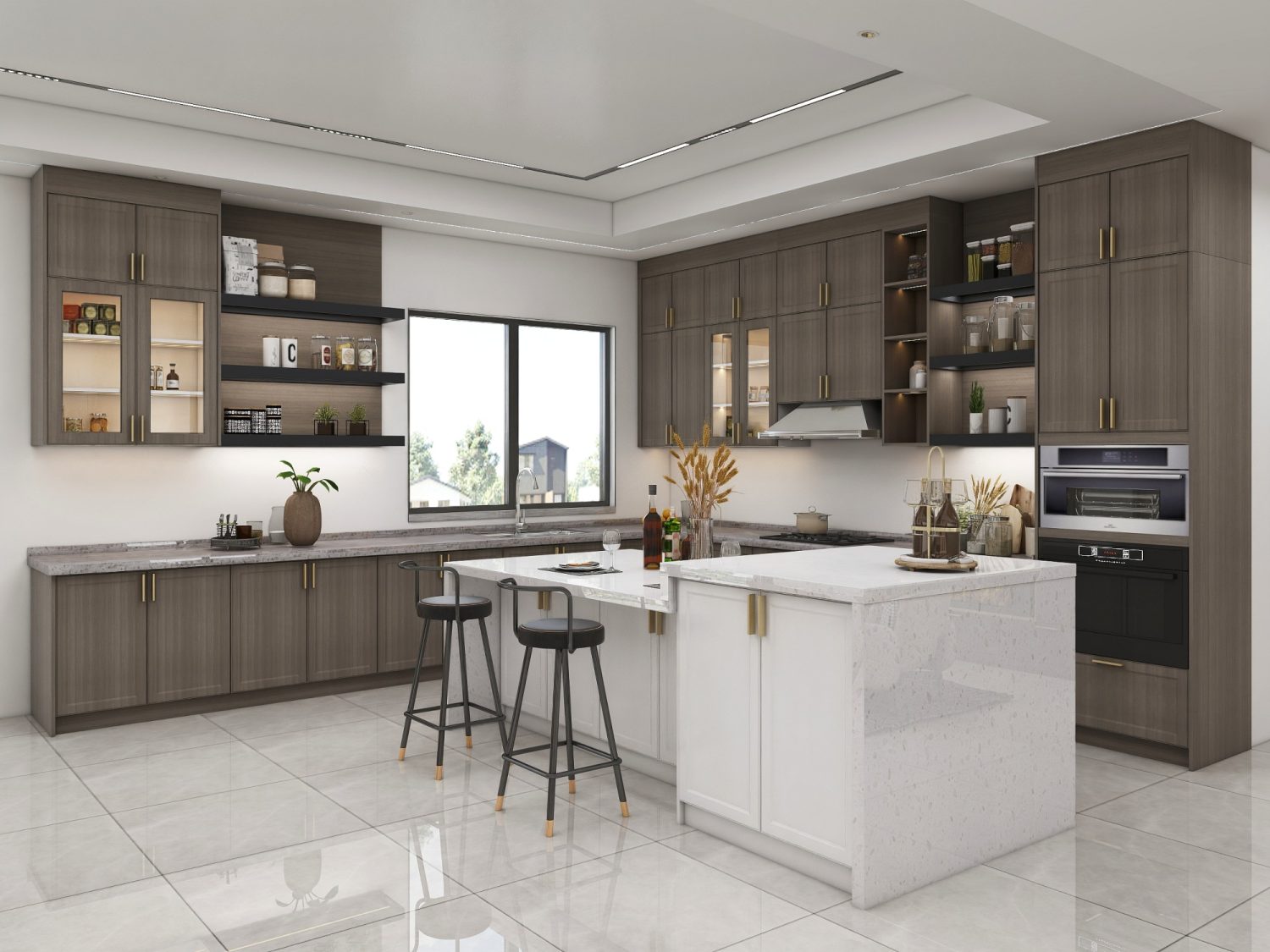 urban modern kitchen with gray and wood cabinets marble island sleek design and integrated storage solutions