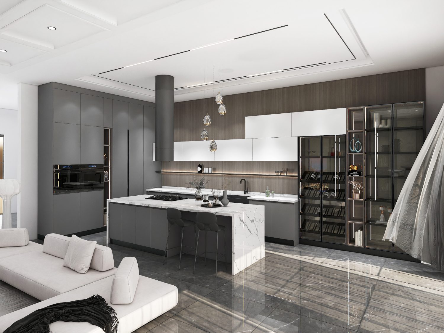 urban modern kitchen with gray cabinets marble island open living space integrated glass display and contemporary furnishings