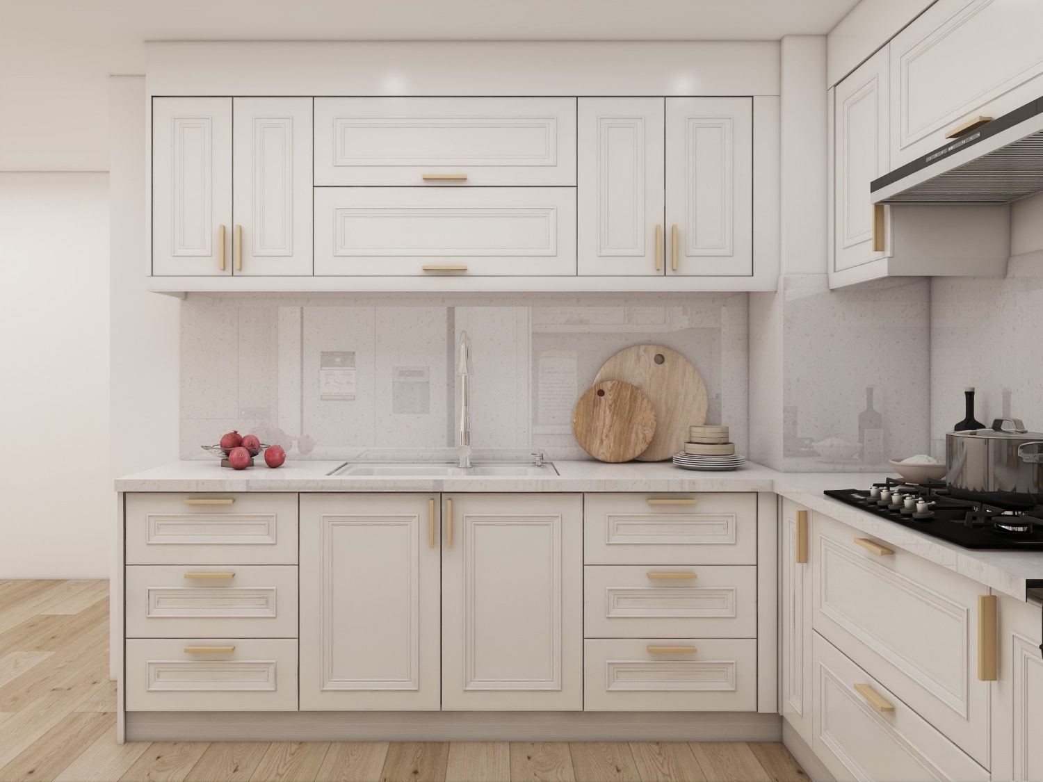 urban modern kitchen with white cabinetry brass handles marble countertop and wooden floor