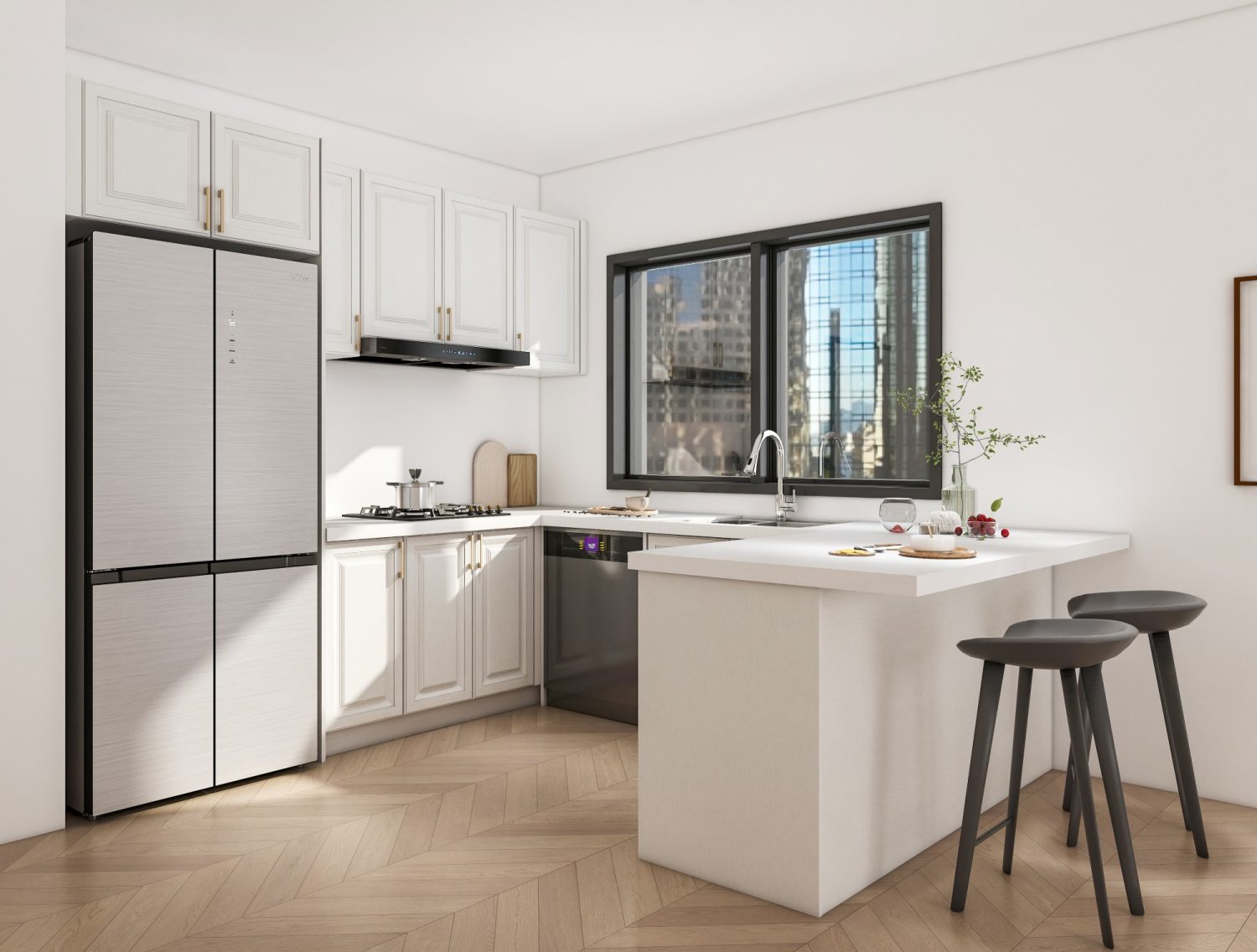urban modern kitchen with white cabinetry stainless steel appliances and barstools on wooden floor