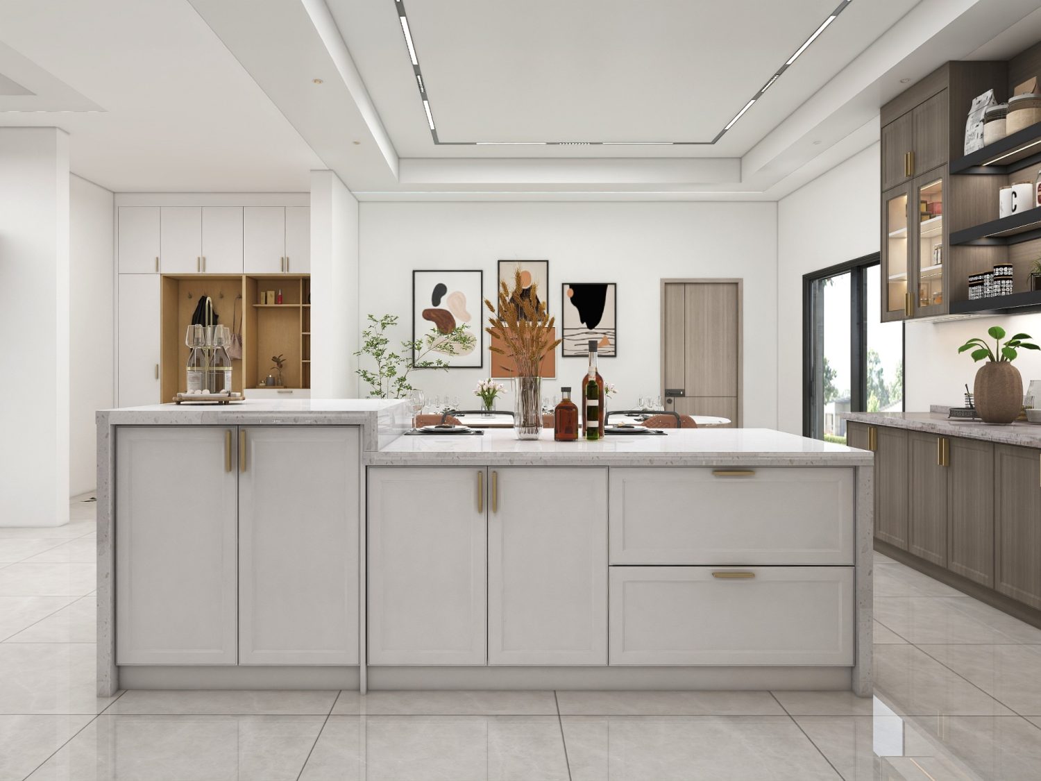 urban modern kitchen with white and gray cabinets marble countertop and brass handles contemporary design