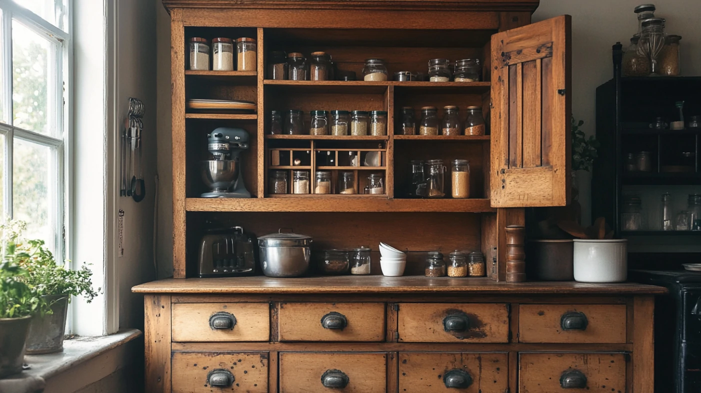 Is Your Cabinet a Genuine Hoosier Cabinet? Complete Buying Guide 1 vintage hoosier cabinet with wooden drawers and shelves full of jars
